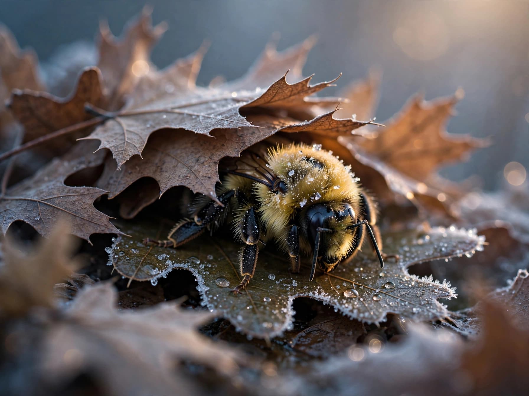 Queen bumble bee resting under oak leaves, showing leaf litter for pollinators in winter