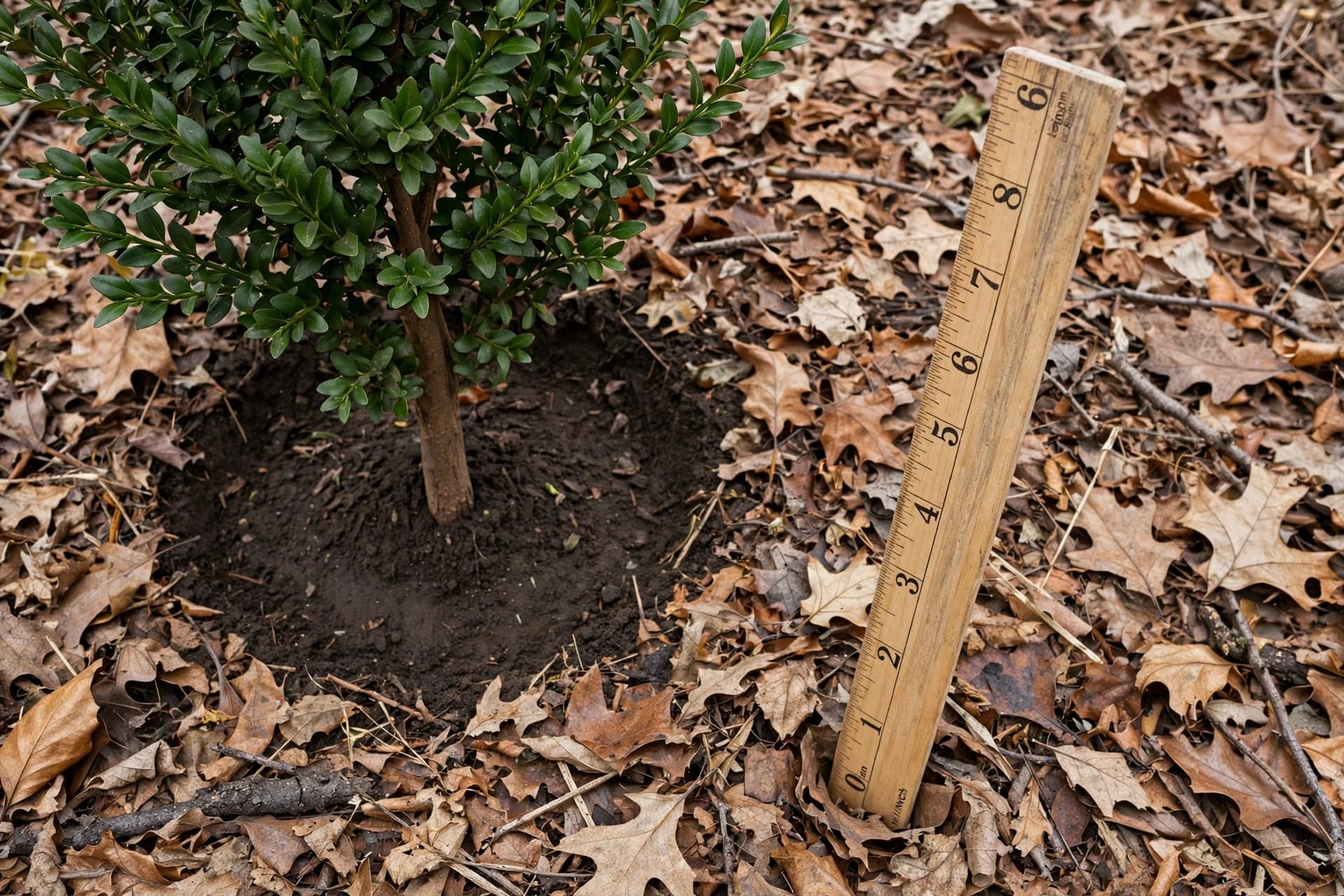 Ruler showing the right depth for leaving leaves in garden beds, with a gap around the shrub trunk
