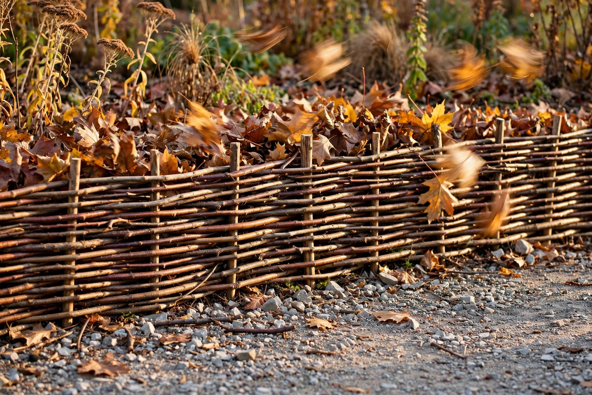 Low woven stick wattle edge keeping fall leaves from blowing away in a perennial bed