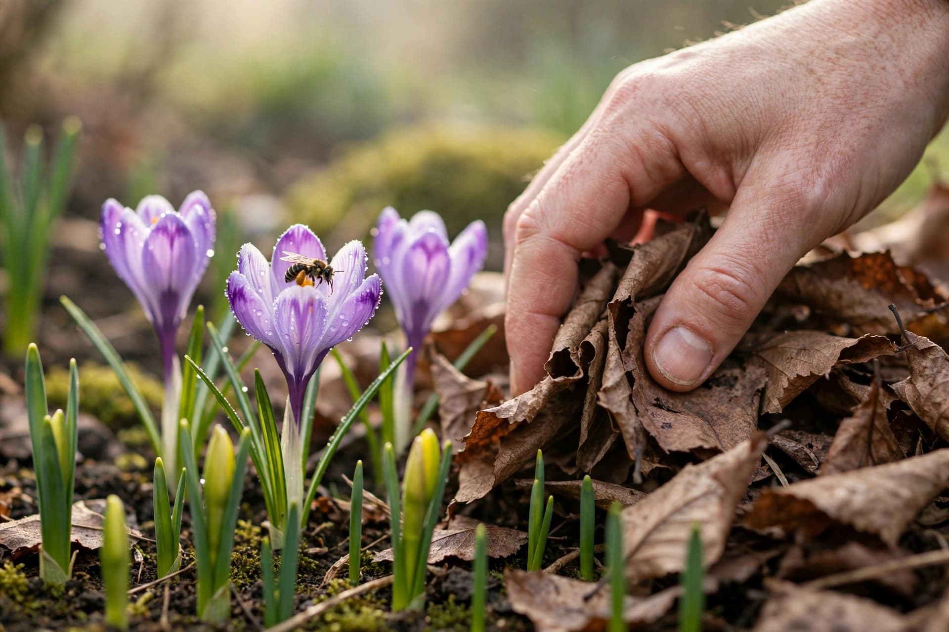 Crocus shoots pushing through a thin layer of last year's leaves during spring garden cleanup