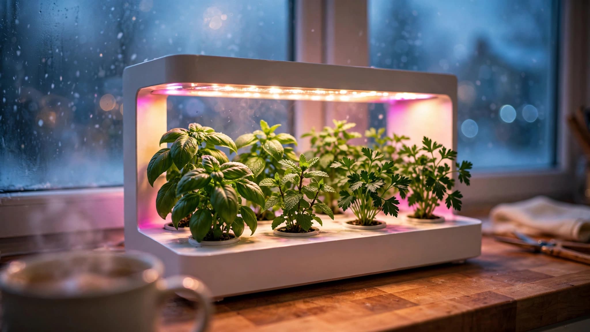 Basil and mint growing in an indoor hydroponic garden for herbs on a snowy-day kitchen counter