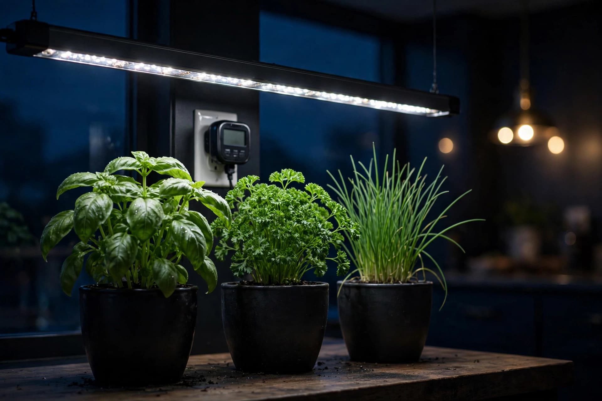 Indoor hydroponic garden for herbs glowing under an LED grow light on a dark winter evening