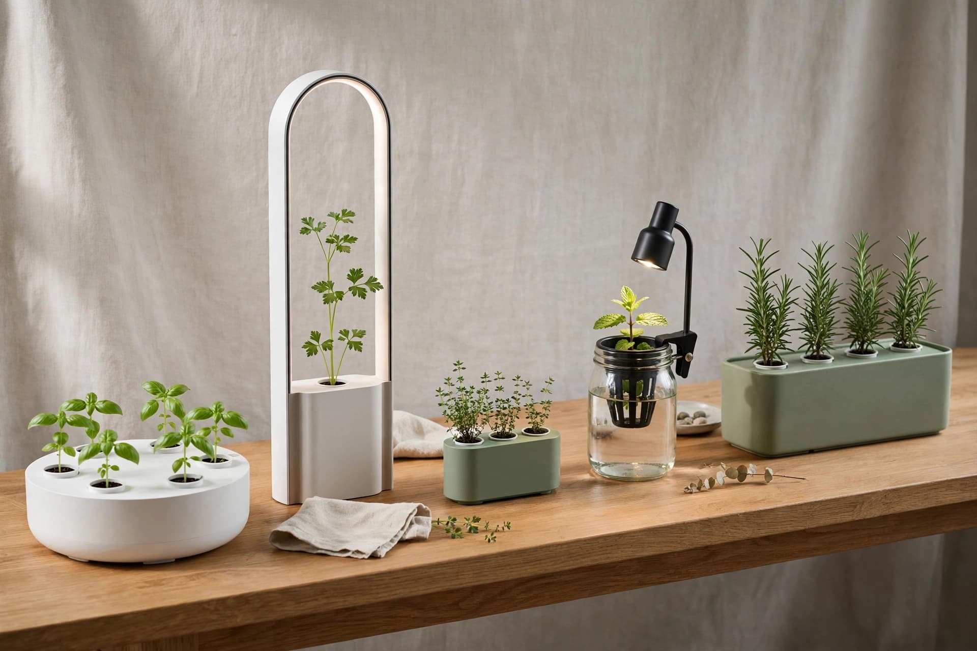 Five countertop hydroponic garden options lined up with different herbs growing in each