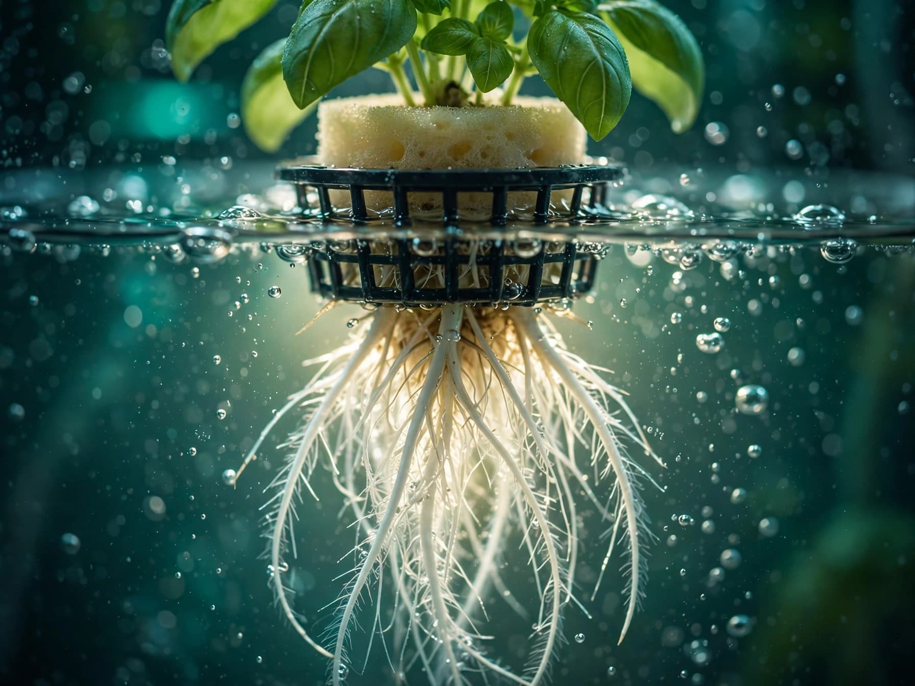 Close-up of basil roots in a soil-free indoor herb garden kit's clear nutrient water tank