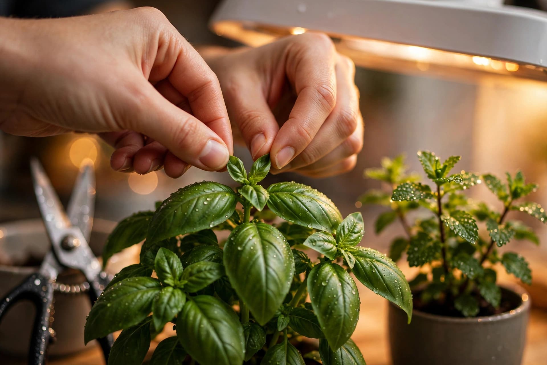 Hand pinching basil tips under a hydroponic grow light to keep indoor herbs bushy