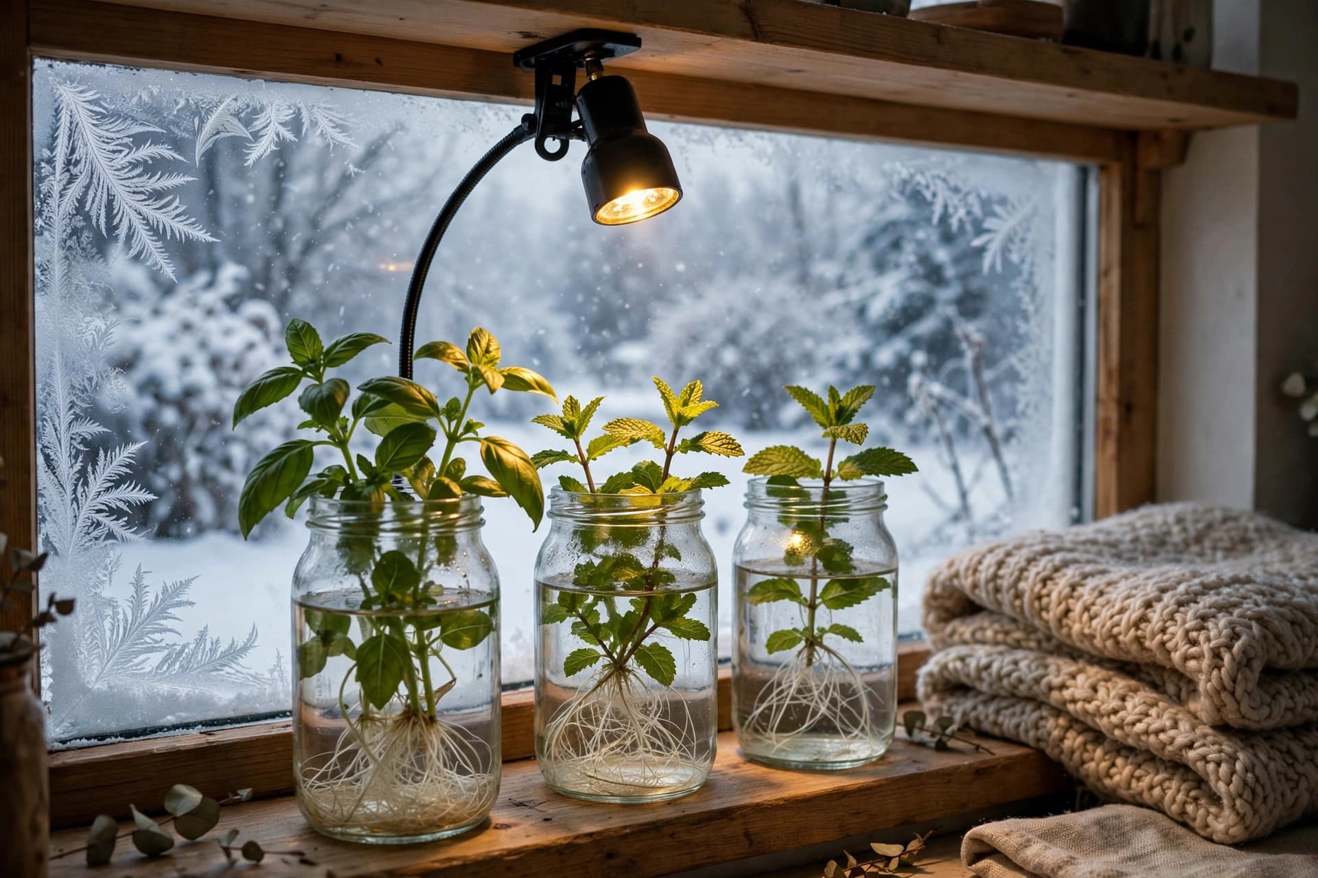 Basil and mint cuttings rooting in jars on a frosty winter windowsill under a clip-on LED light