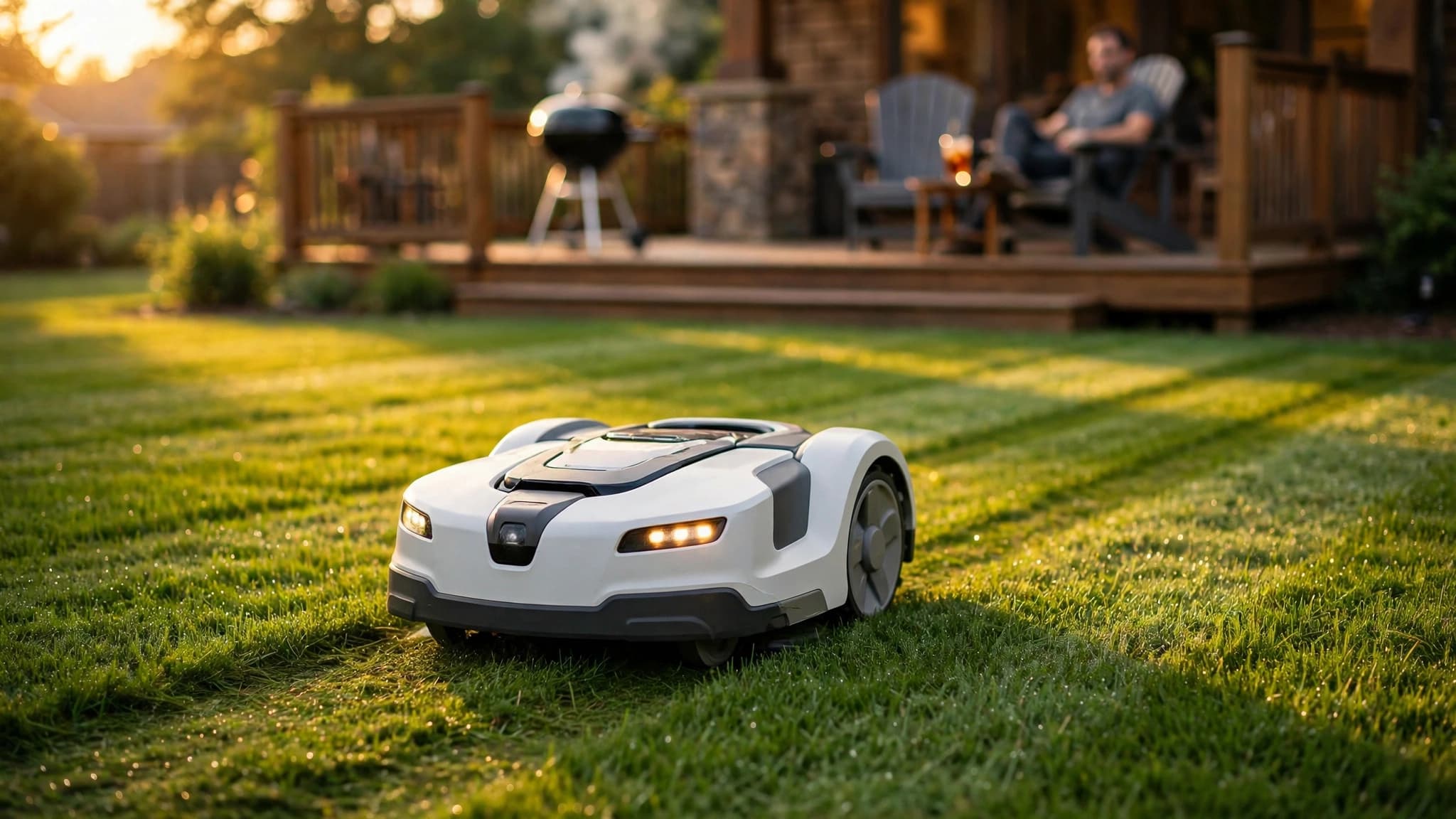 Robot lawn mower trimming a striped suburban lawn at golden hour while a homeowner relaxes on the patio
