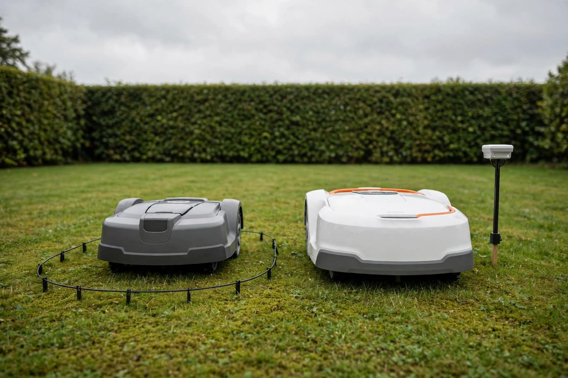 Budget wired robot mower beside a premium wire-free robot mower with a satellite antenna on a green lawn