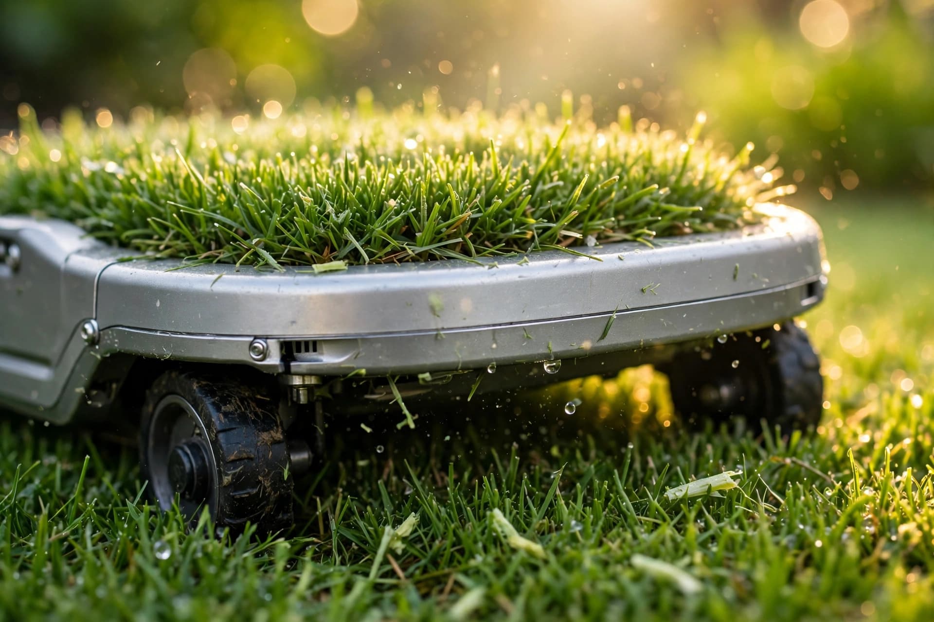 Close-up of a robot mower leaving fine grass clippings across a healthy, evenly cut lawn