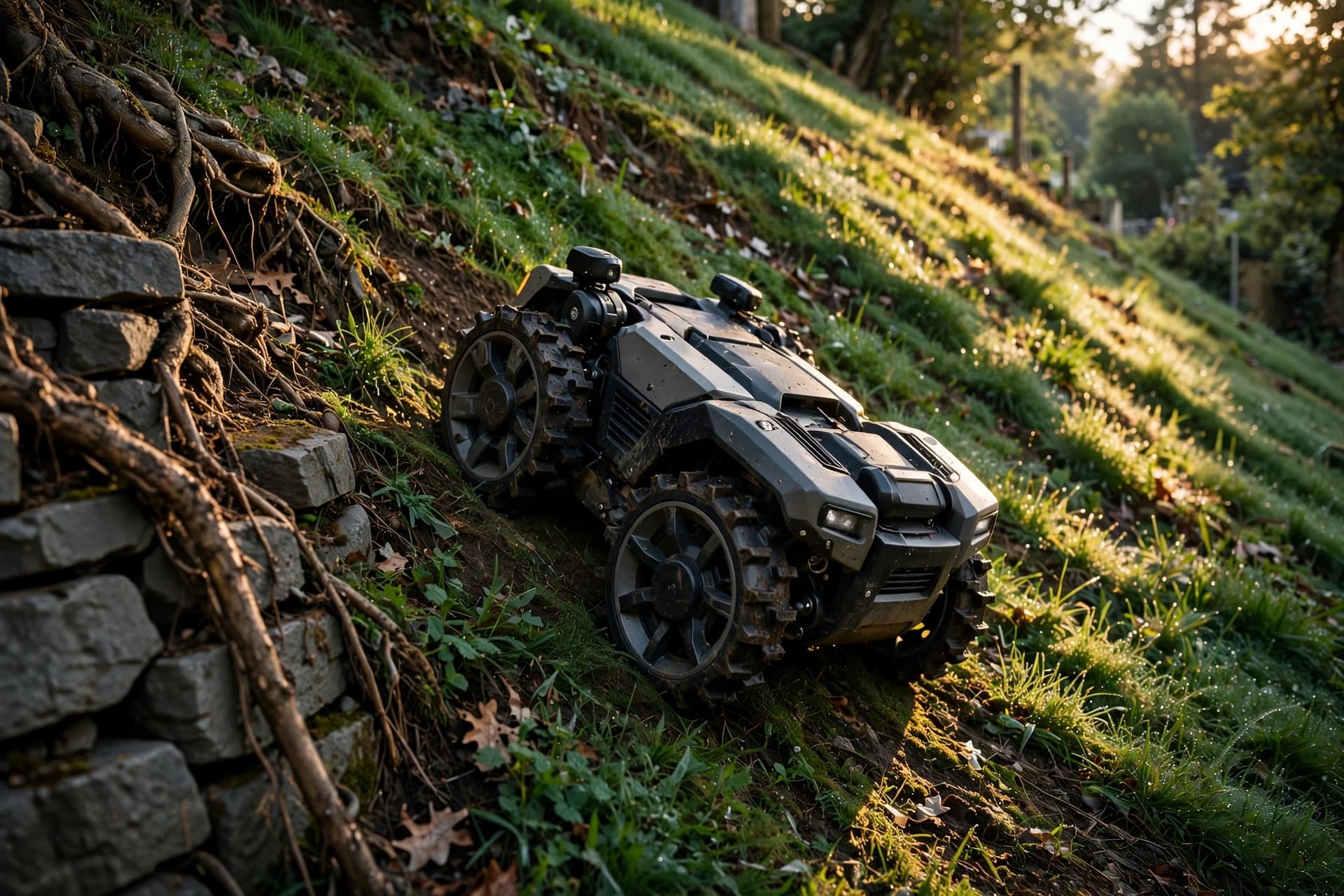 All-wheel-drive robot mower climbing a grassy slope near tree roots in a sloped backyard