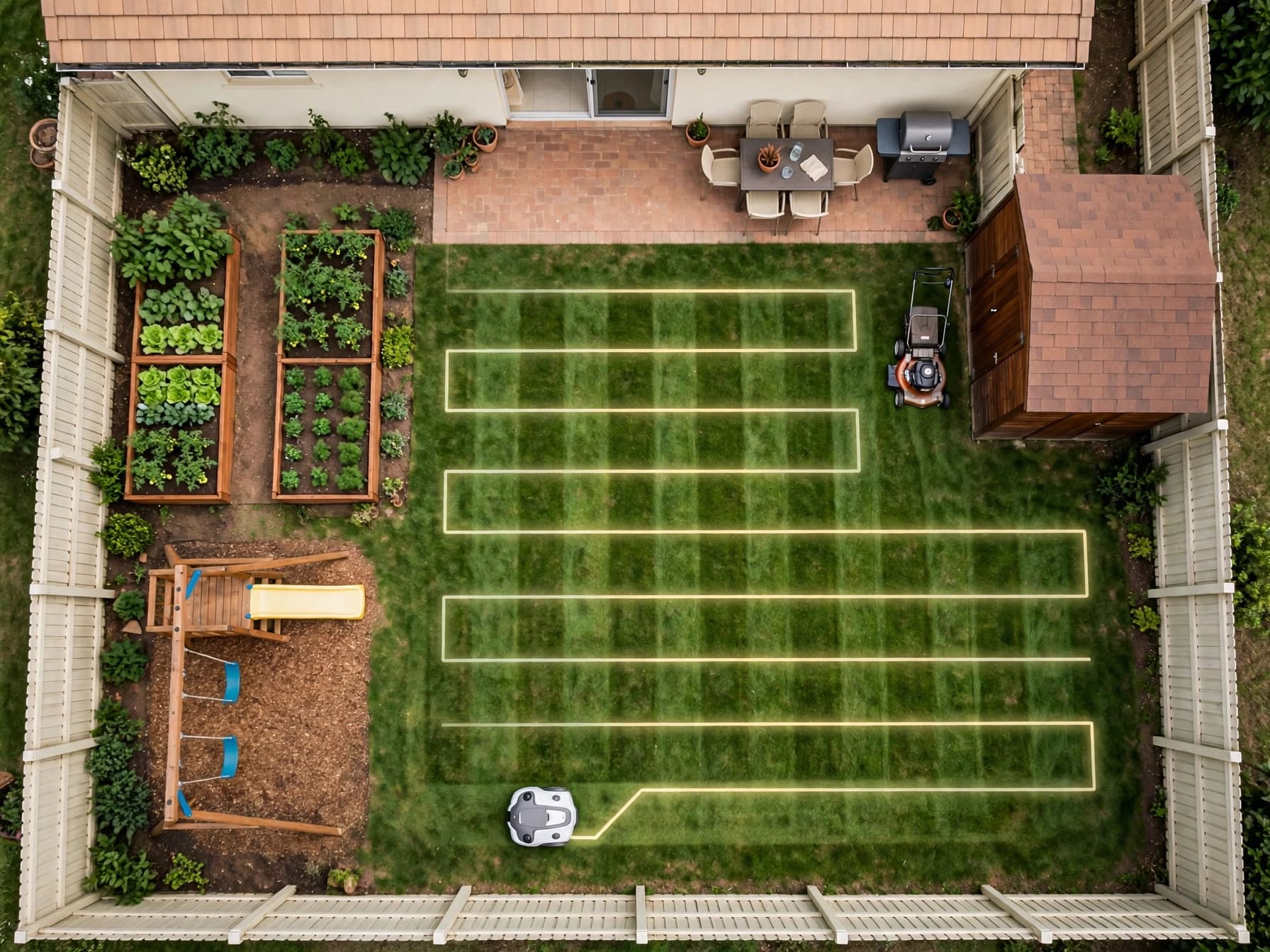 Overhead view of a small backyard showing a robot mower's cutting path beside a parked push mower