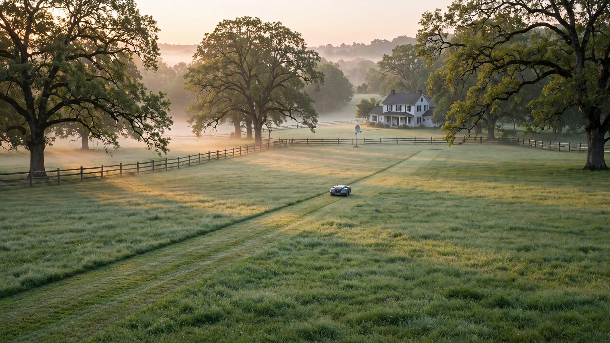 Wire-free robot mower cutting a one-acre lawn with mature oak trees and a satellite reference antenna