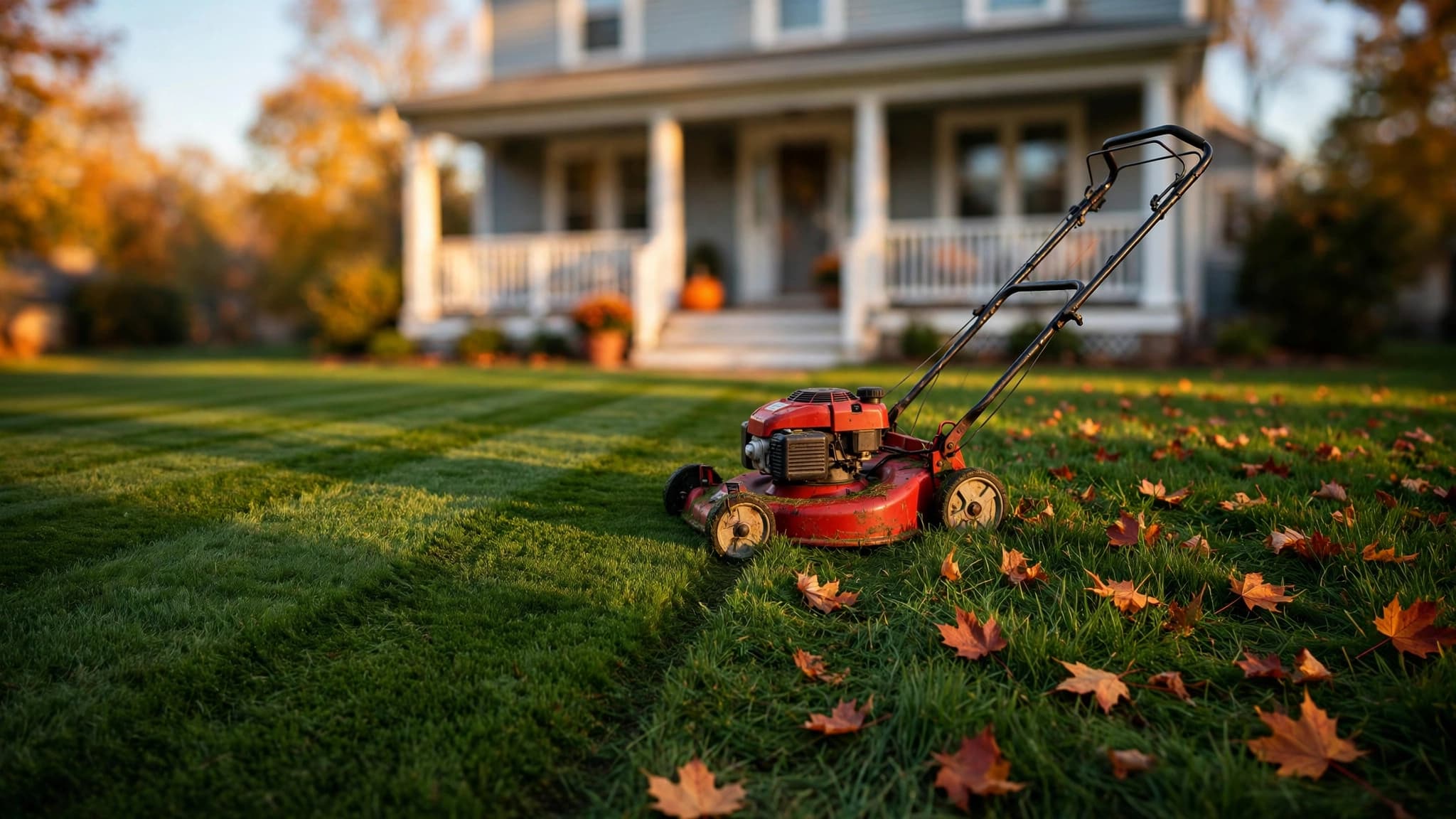 Freshly striped suburban lawn with fallen maple leaves and a push mower, showing when to stop mowing lawn in fall