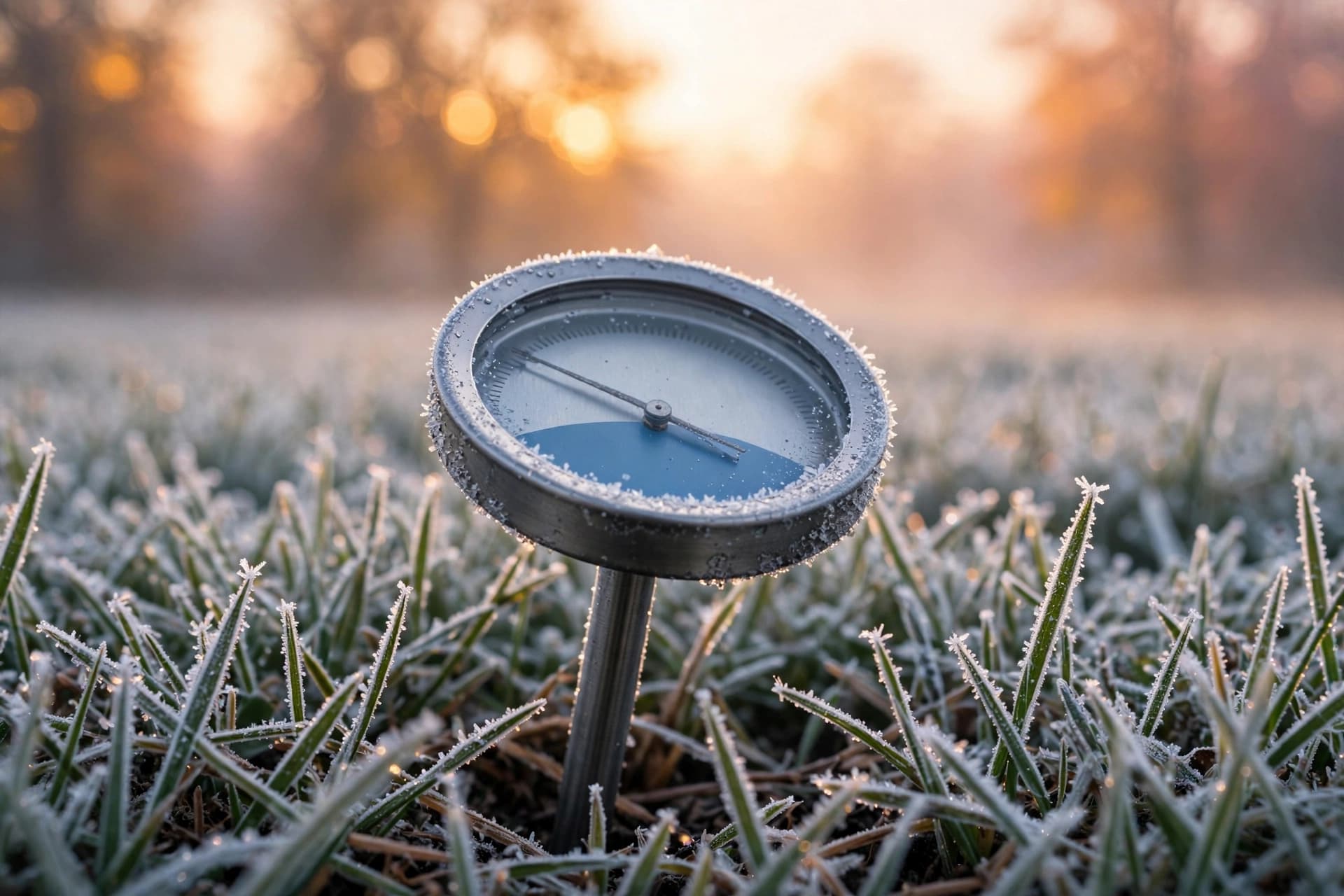 Soil thermometer pushed into frost-dusted turf at dawn to check when grass stops growing in fall