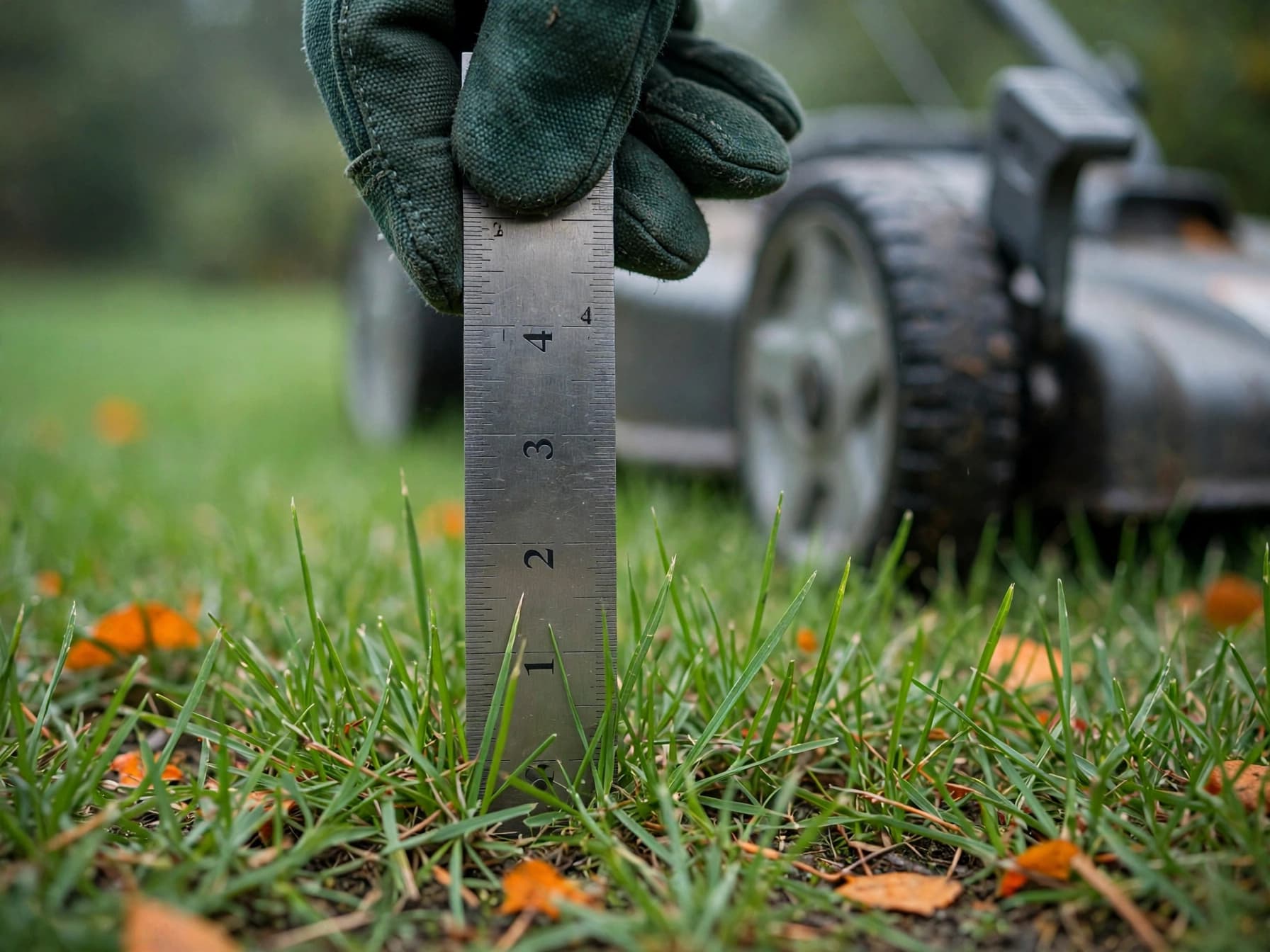 Ruler held against a blade of grass beside a mower deck, showing the right grass height for winter