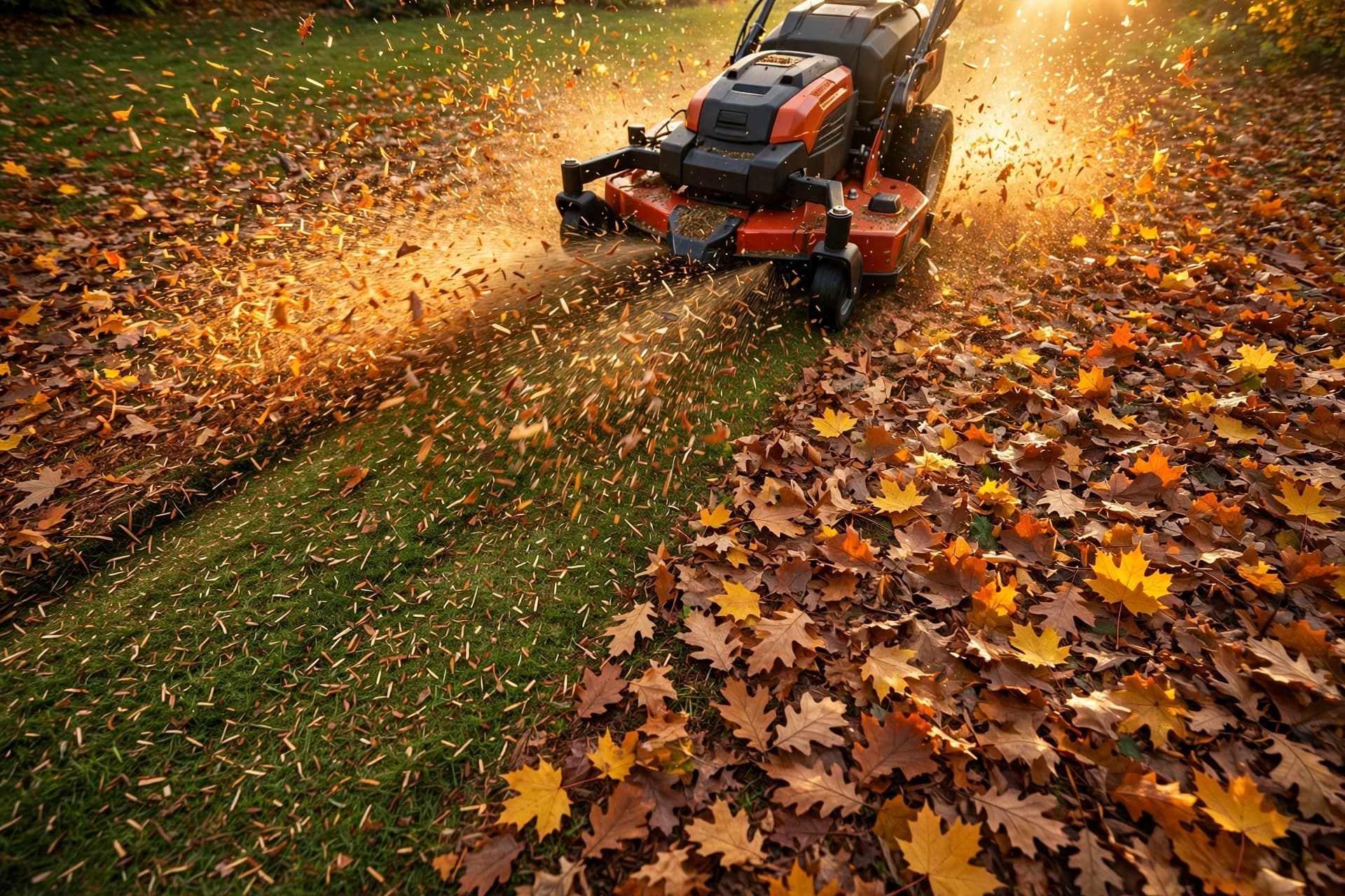 Mulching mower shredding fallen leaves into a lawn to help prevent snow mold