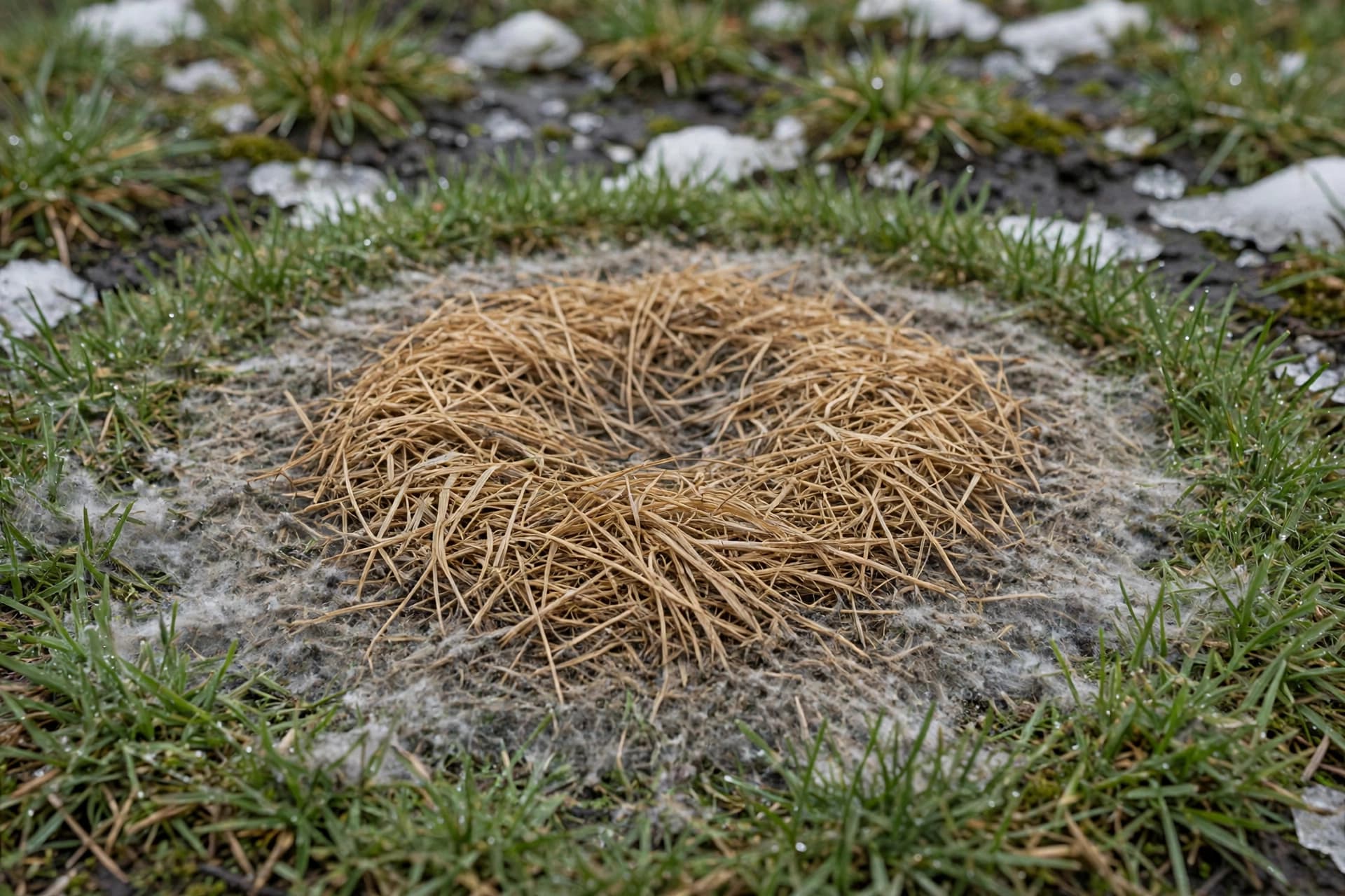 Gray matted snow mold patches on a lawn after the snow melts in early spring