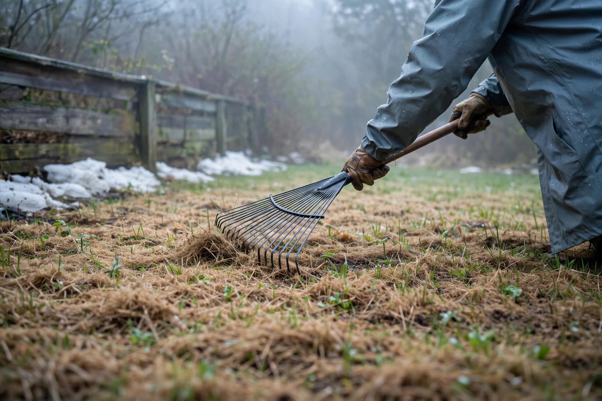Gardener fluffing matted turf with a flexible rake as part of snow mold treatment in spring