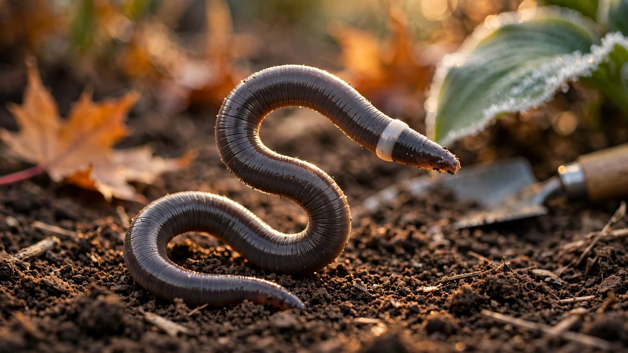 Jumping worm thrashing on dry, crumbly soil in an autumn garden bed