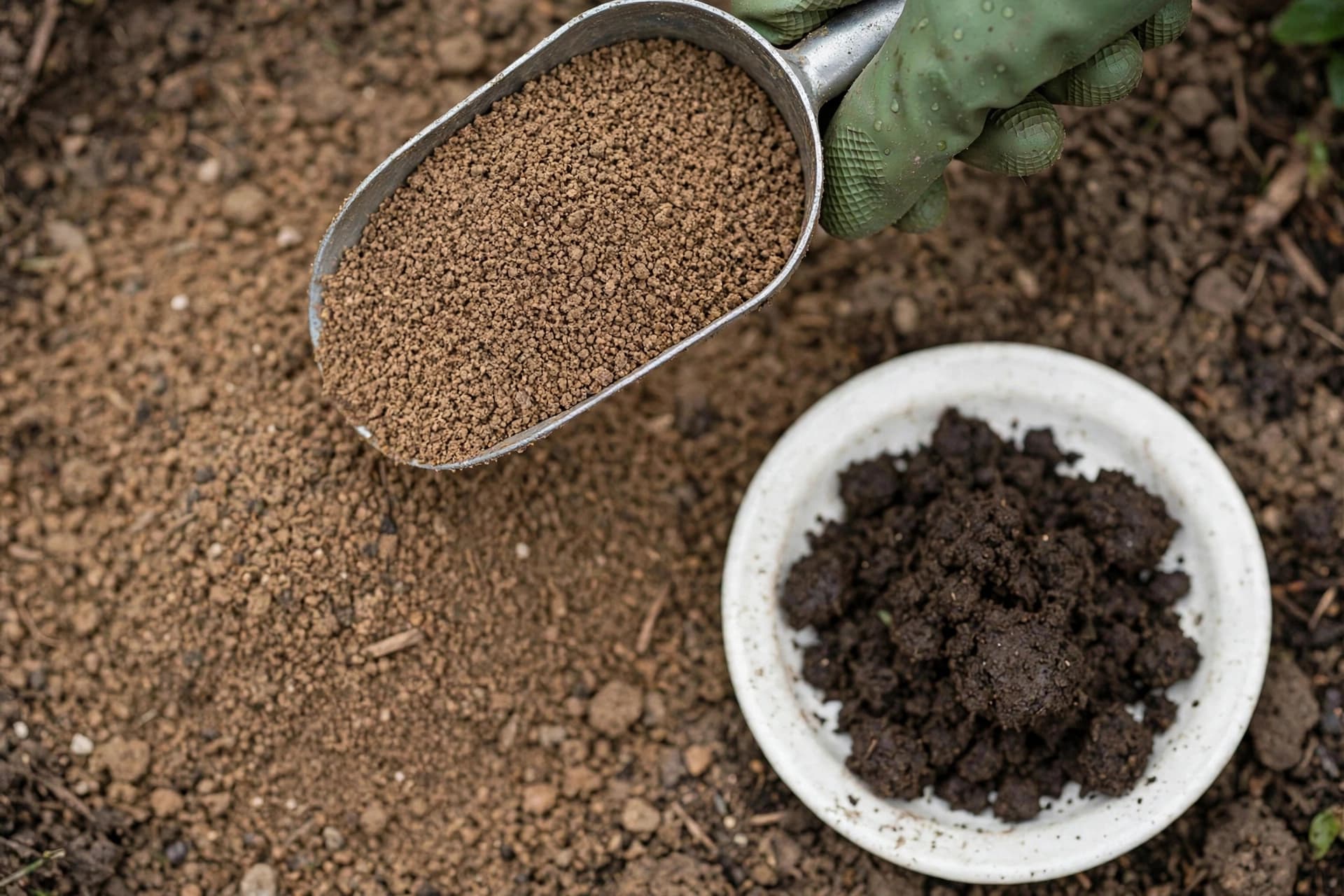 Dry granular jumping worm castings that resemble coffee grounds next to healthy moist garden soil