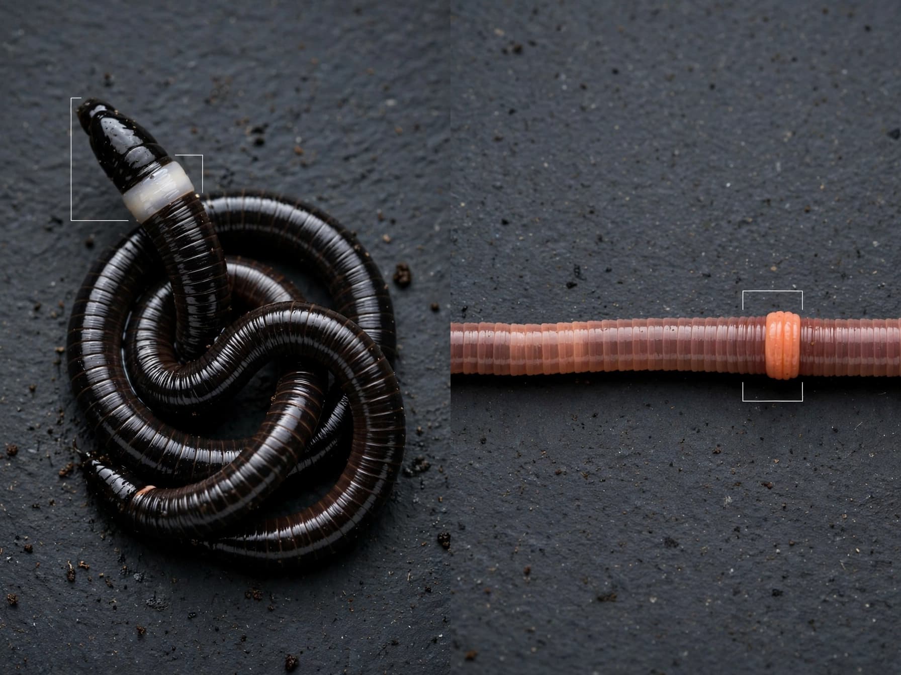 Side-by-side comparison of a jumping worm and a common earthworm showing different bands