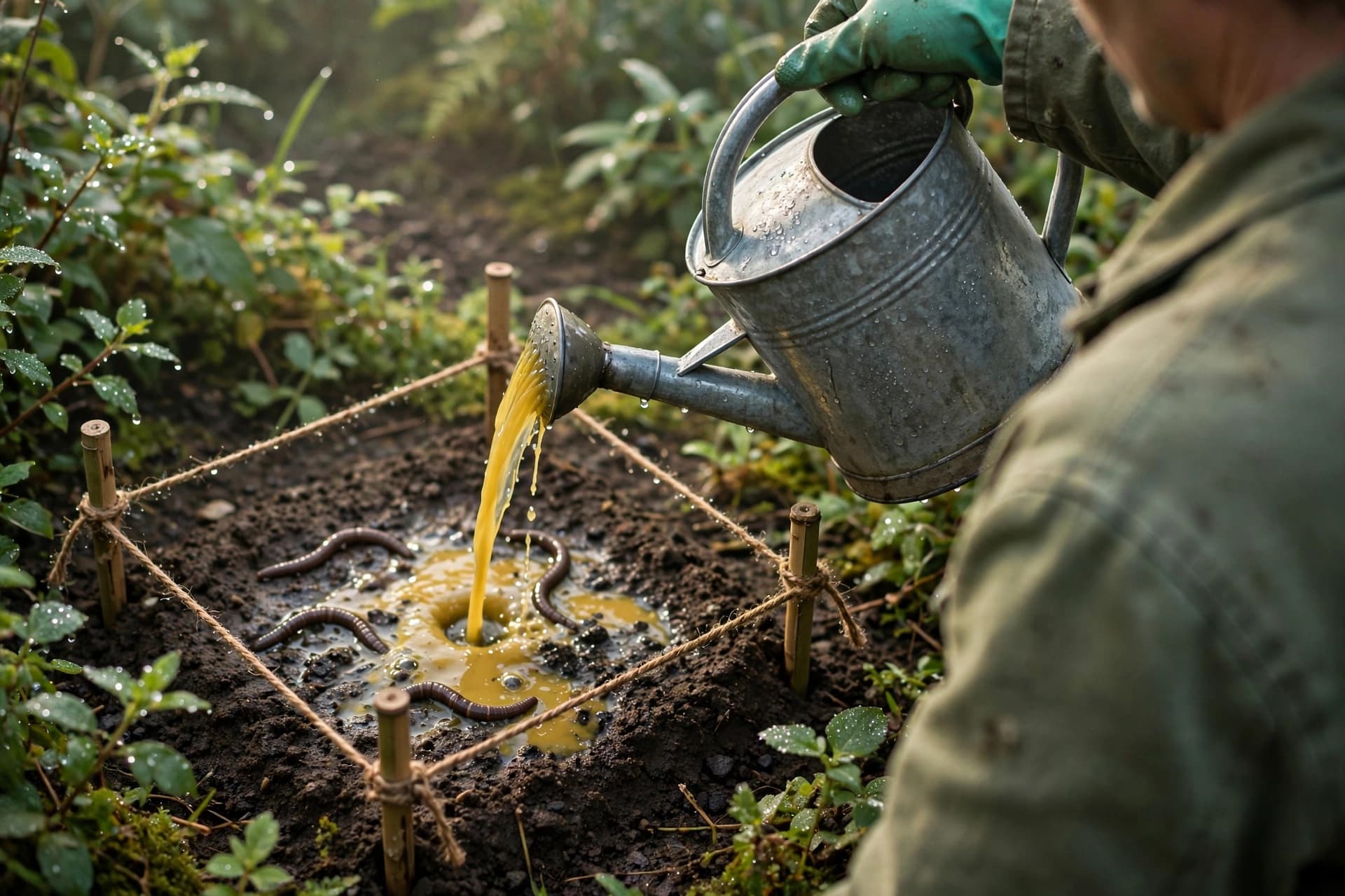 Gardener pouring mustard solution on soil to flush out jumping worms in a marked square