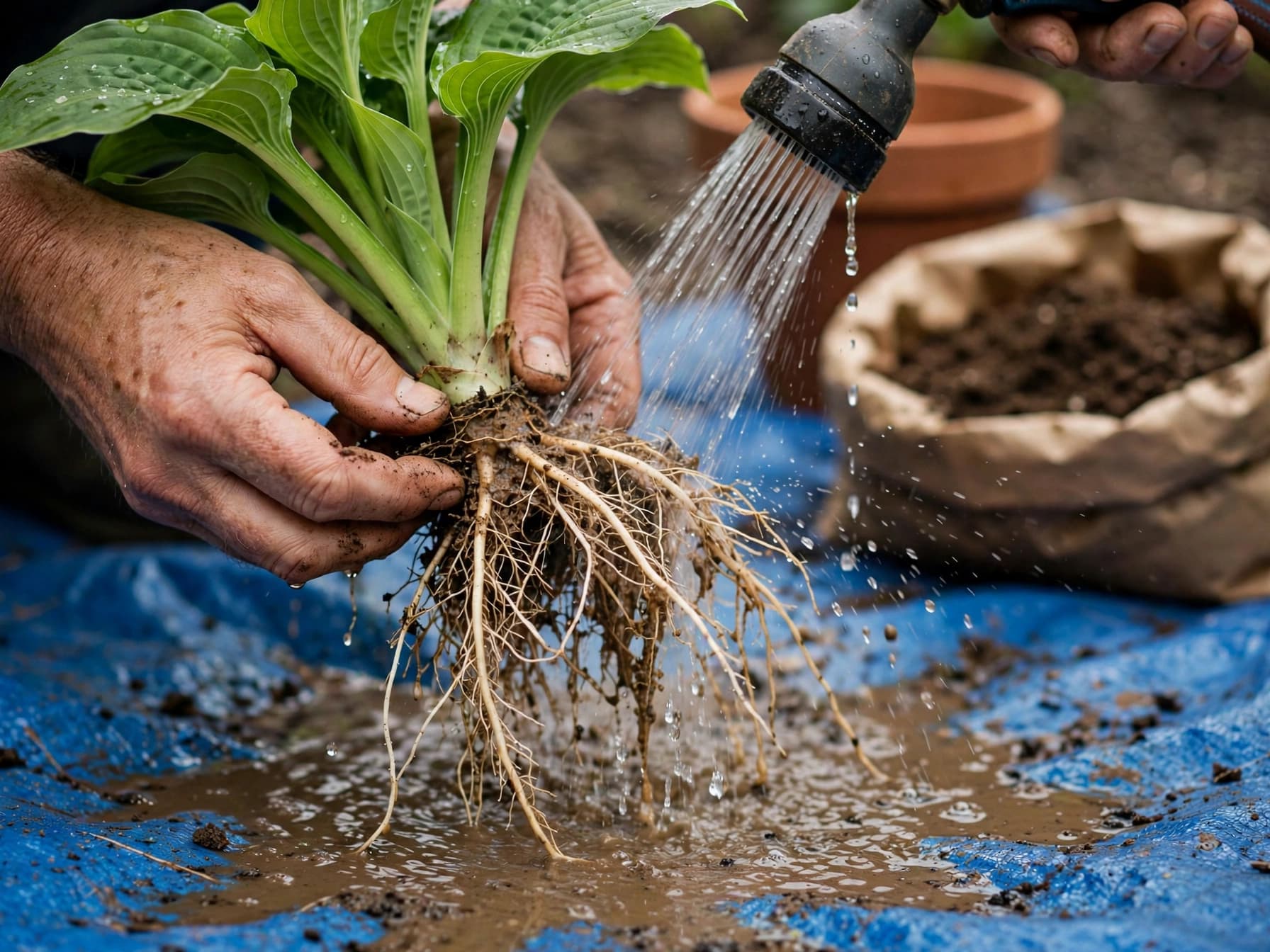 Gardener rinsing soil off hosta roots over a tarp to avoid spreading jumping worms