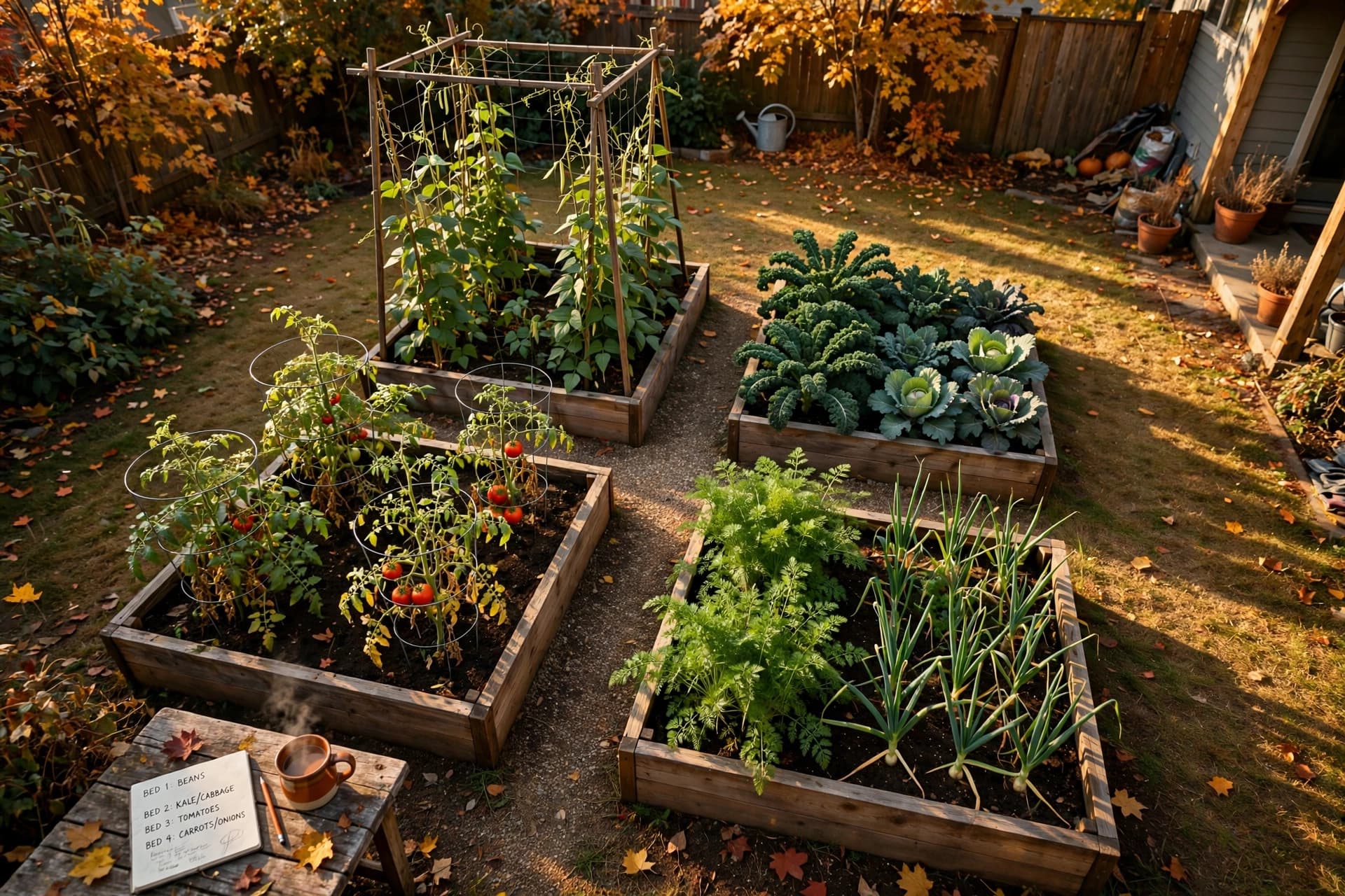 Four raised vegetable beds seen from above with a hand-drawn crop rotation sketch on a wooden table