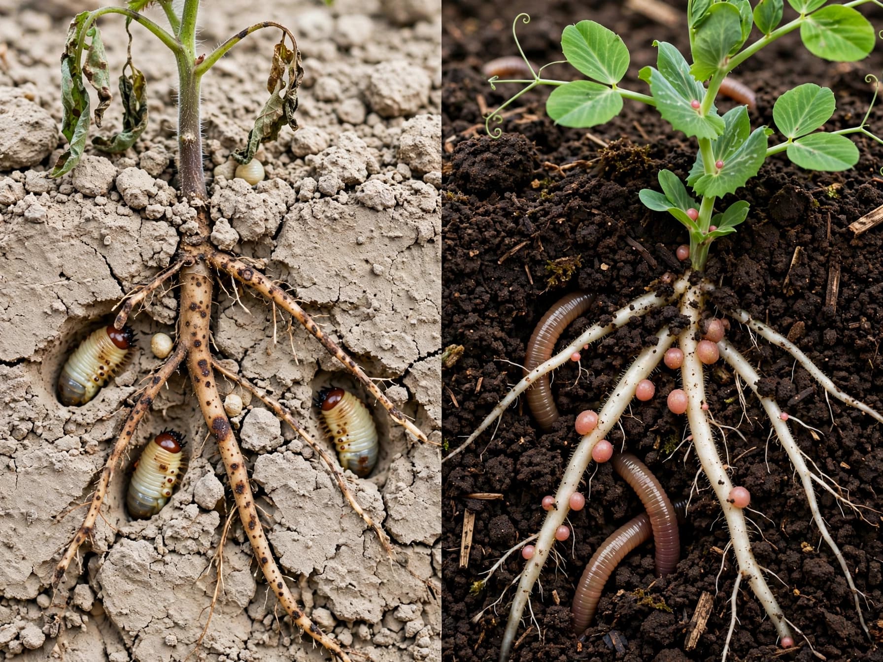 Cutaway of tired garden soil beside healthy soil, showing why gardeners rotate crops each season