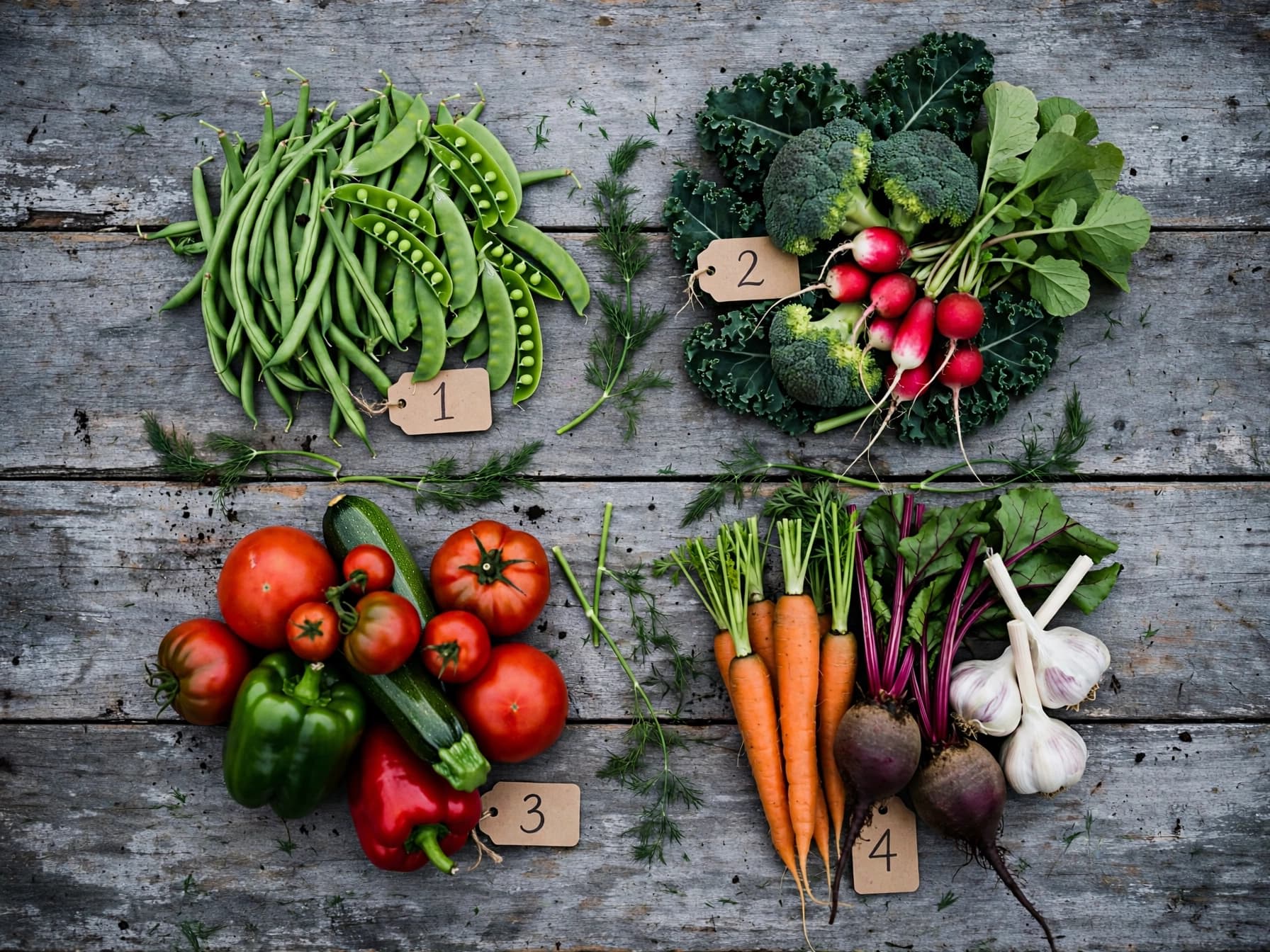 Harvested vegetables sorted into four crop families on a weathered wooden table