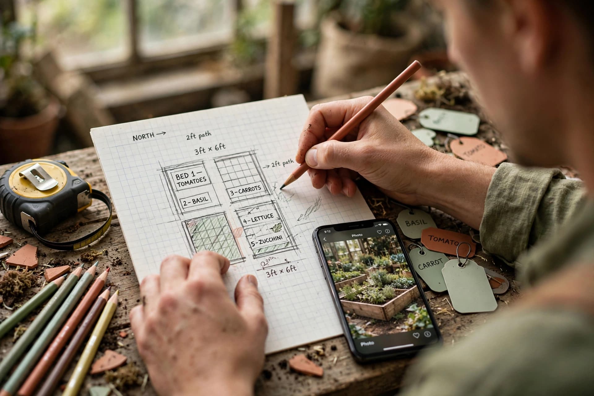 Gardener sketching a garden map for crop rotation on graph paper with colored pencils and a tape measure