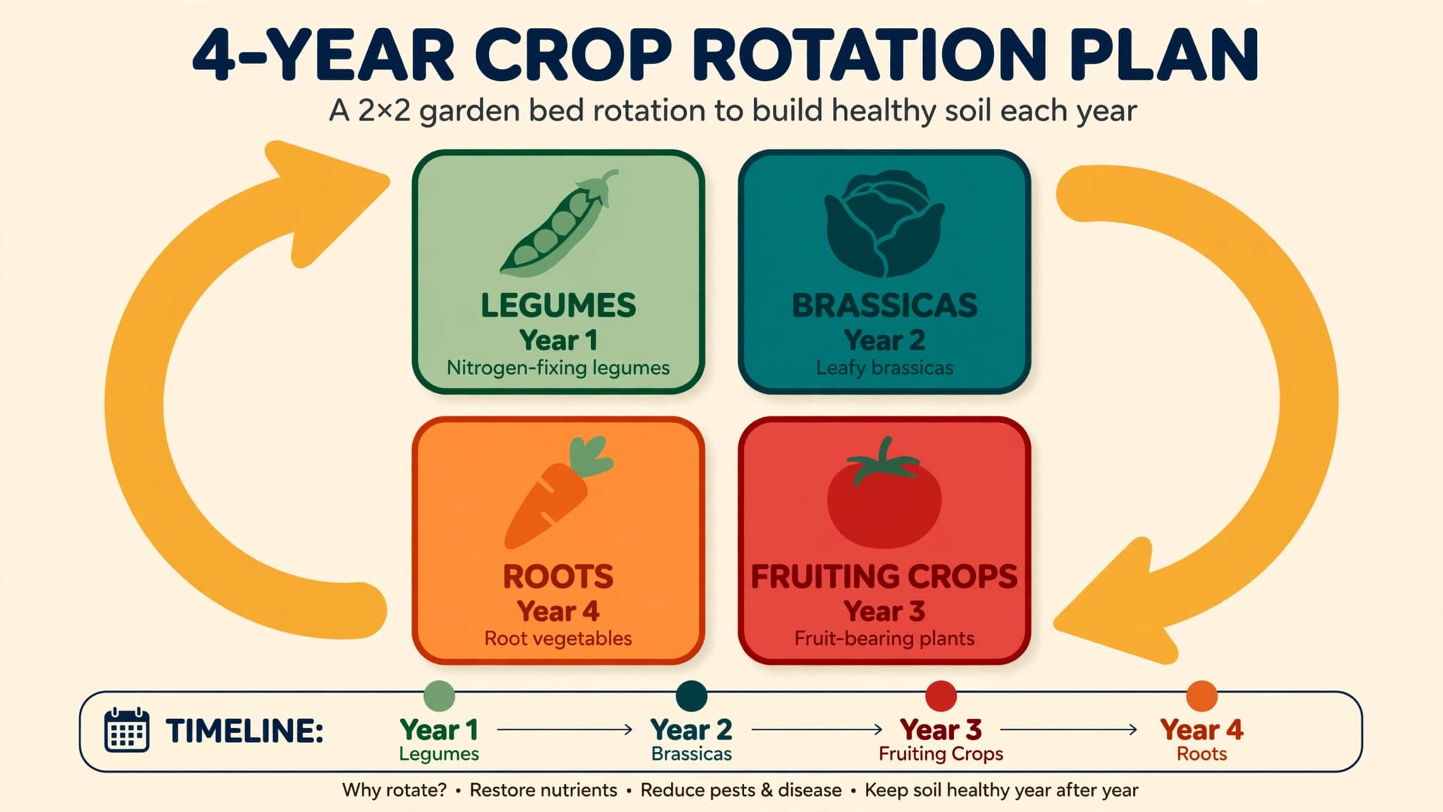 Color-coded crop rotation chart showing four vegetable groups moving one bed each year