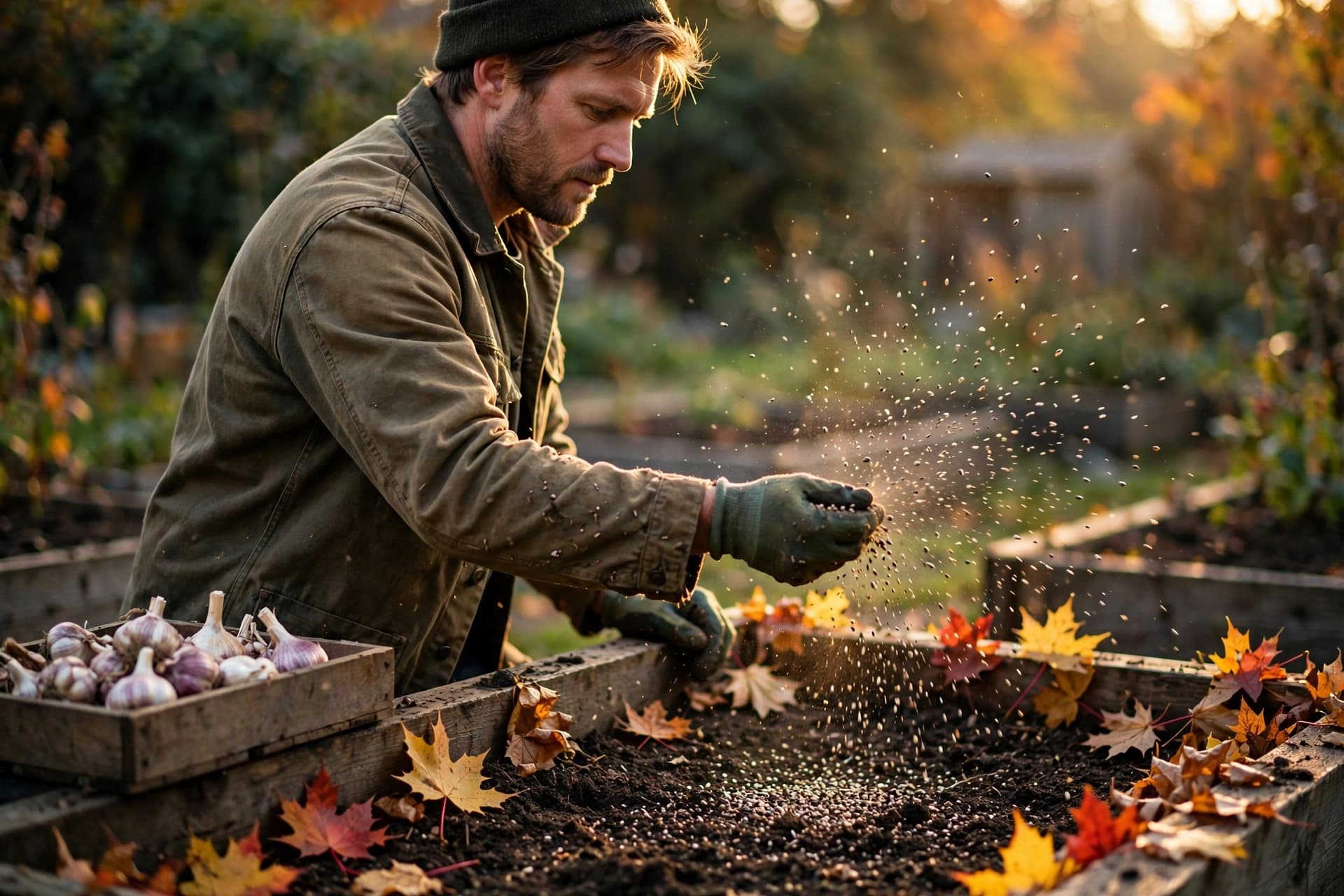 Gardener sowing cover crop seed by hand over a cleared raised bed in October