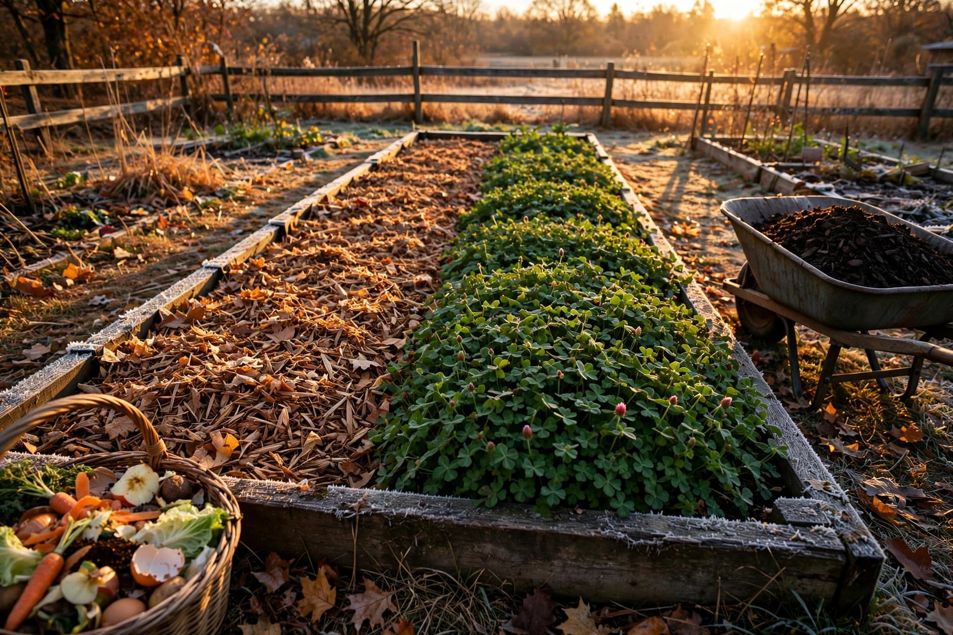 Raised vegetable bed covered in shredded leaves and green clover for low-cost fall garden feeding