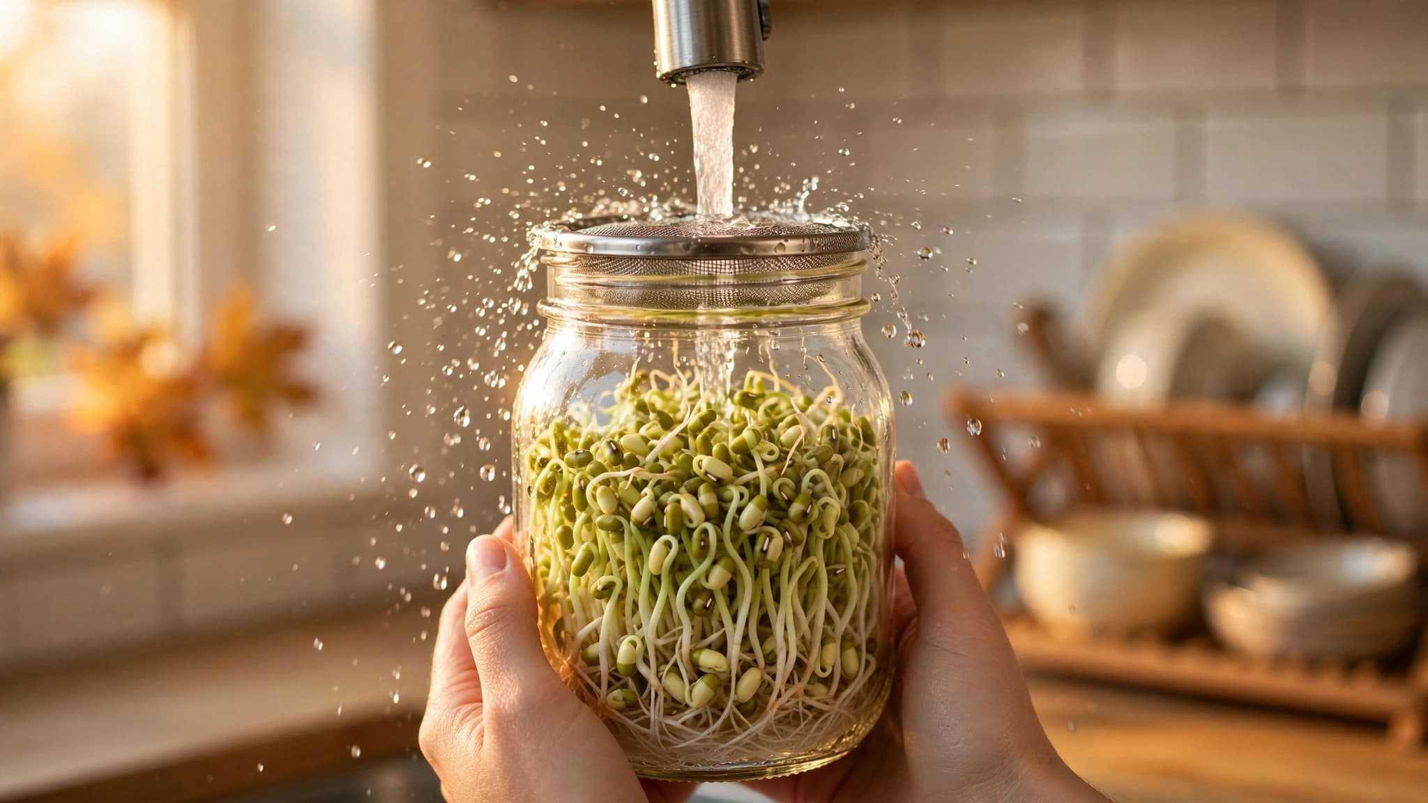 Rinsing a mason jar of mung bean sprouts under the tap to grow sprouts safely at home