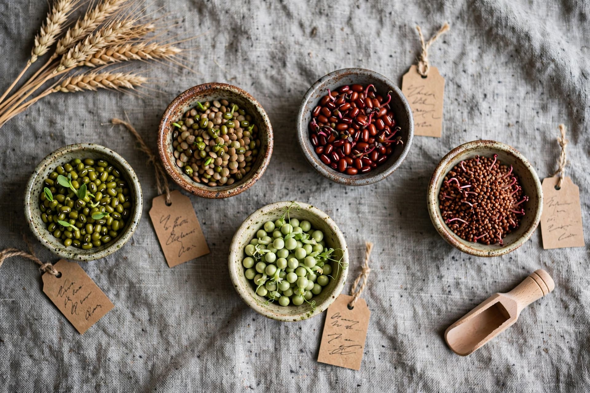 Bowls of mung beans, lentils, peas and adzuki: the best seeds for sprouting indoors