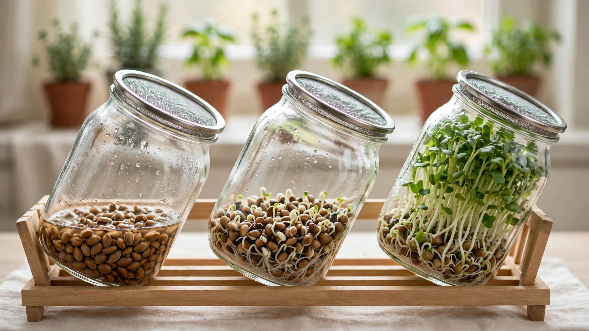 Three jars showing day-one to day-five sprouts draining on a rack, growing sprouts indoors without soil