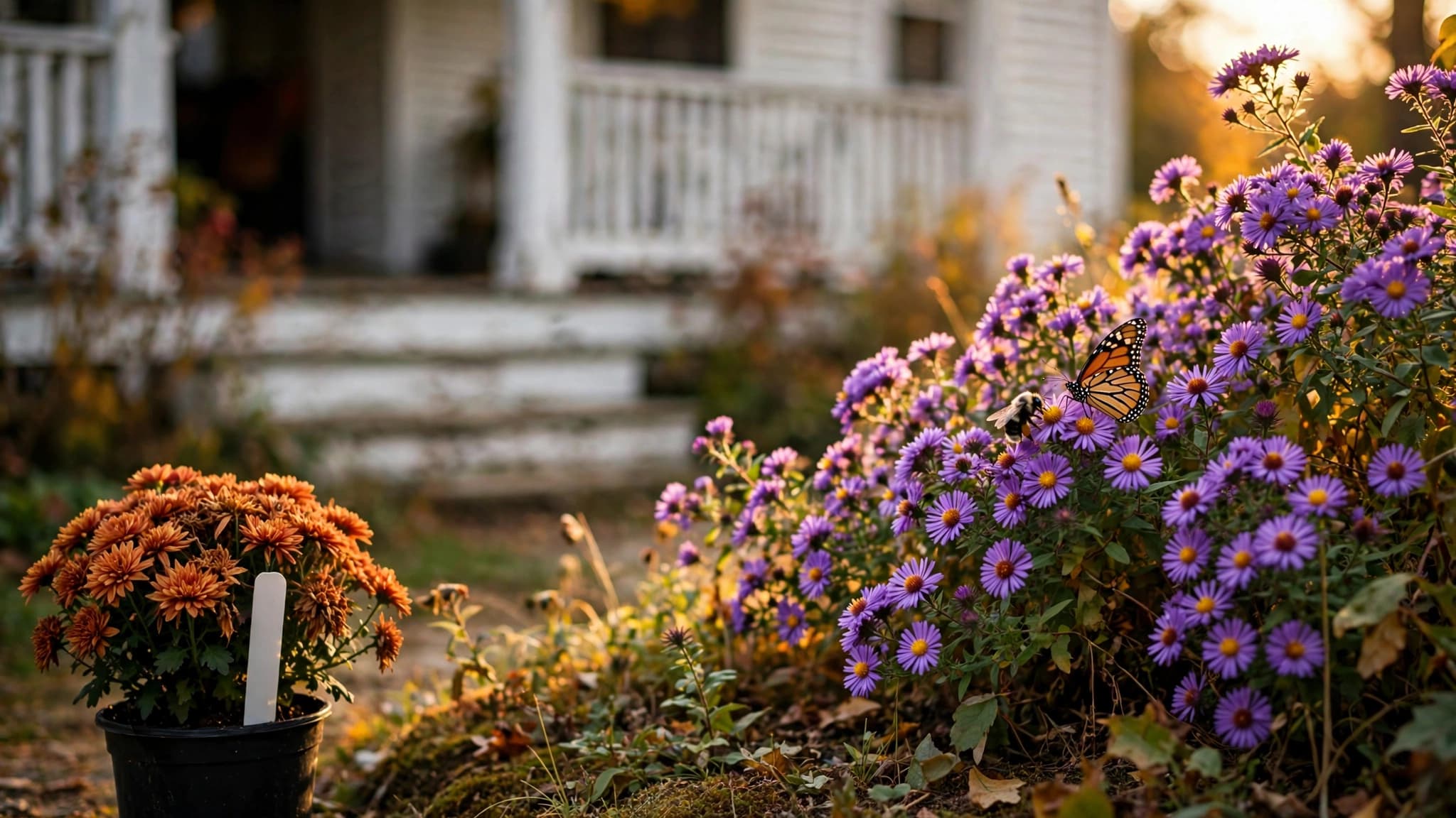 Store-bought mum beside blooming New England asters with a monarch on a fall farmhouse porch