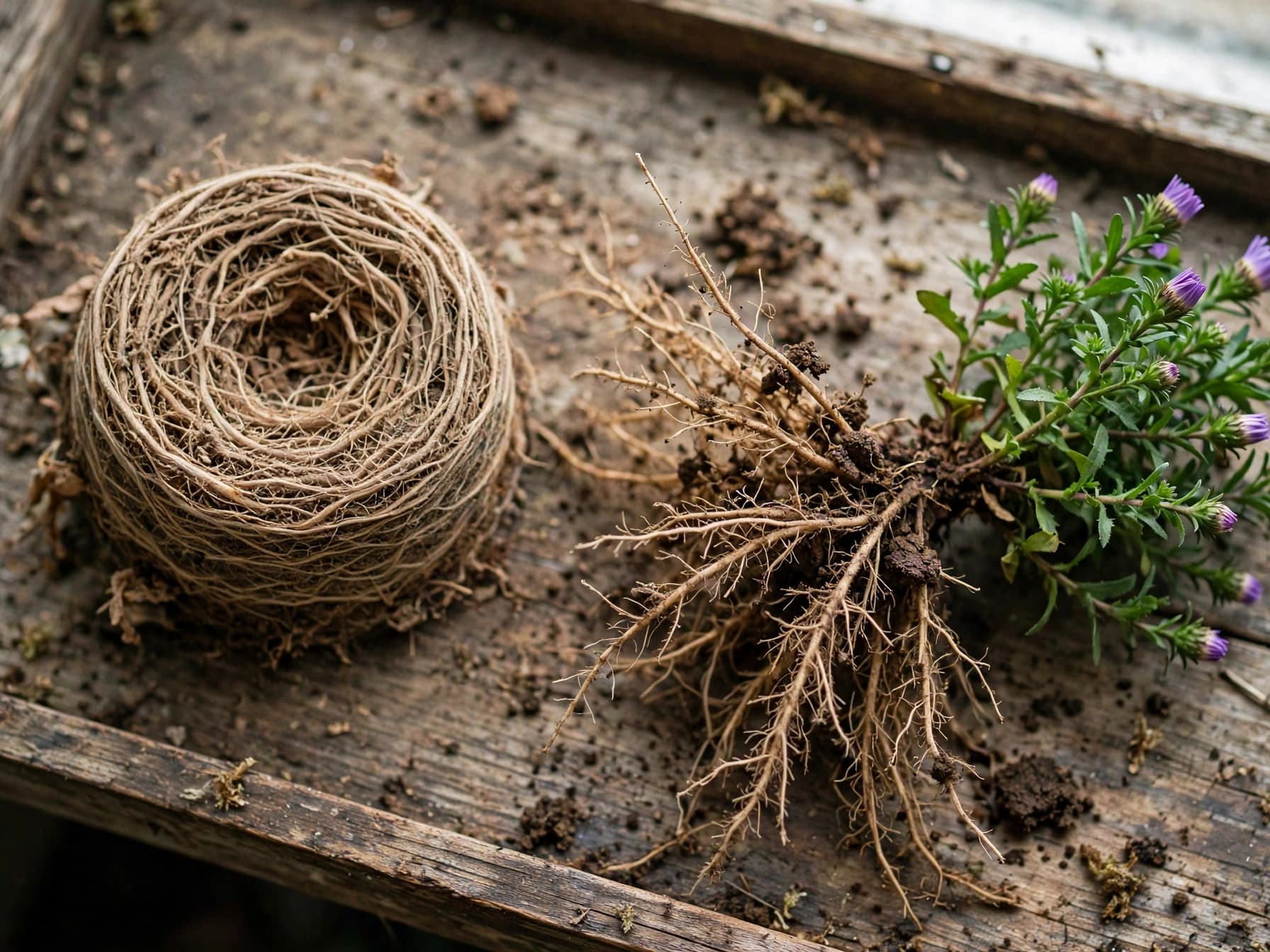 Pot-bound mum root ball beside a spreading aster root clump on a wooden potting bench