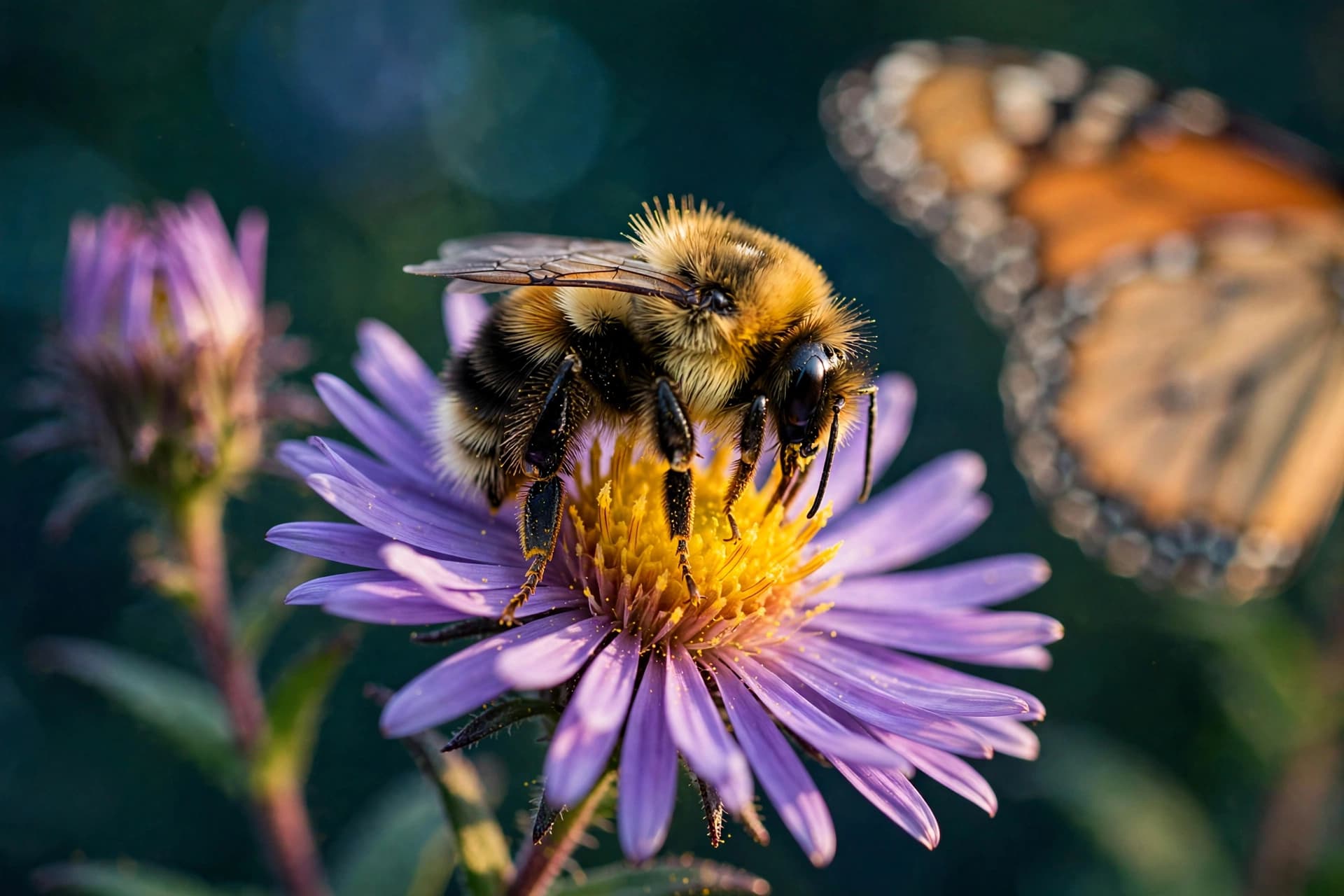 Bumble bee feeding on purple New England aster blooms in an autumn pollinator garden