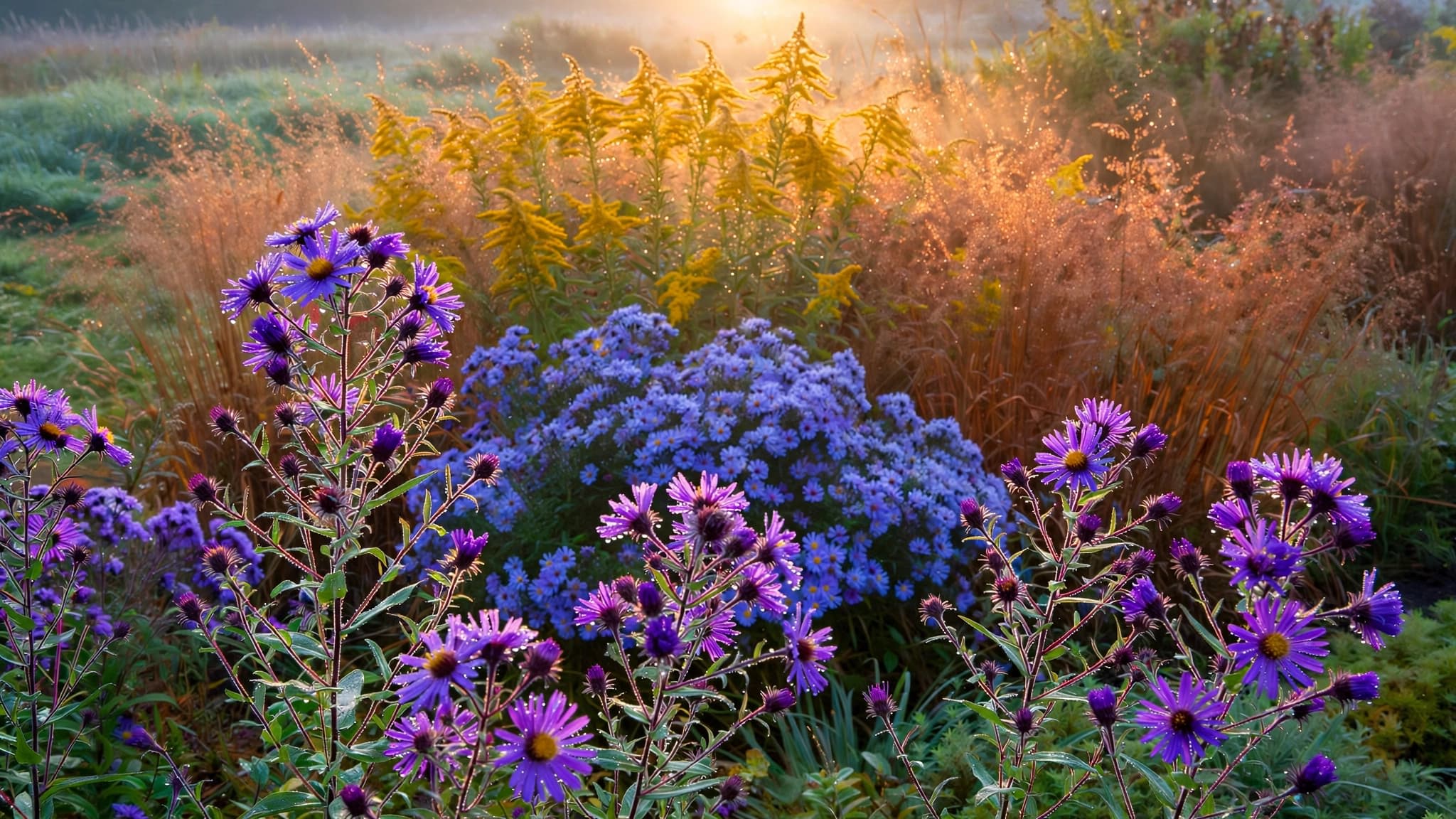 Autumn border with New England aster, aromatic aster, and goldenrod glowing in morning light