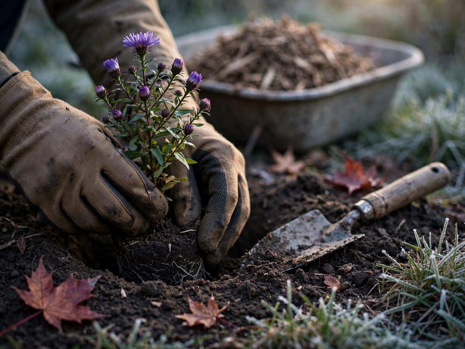 Gloved hands planting a purple aster in autumn soil with a trowel and shredded leaf mulch nearby