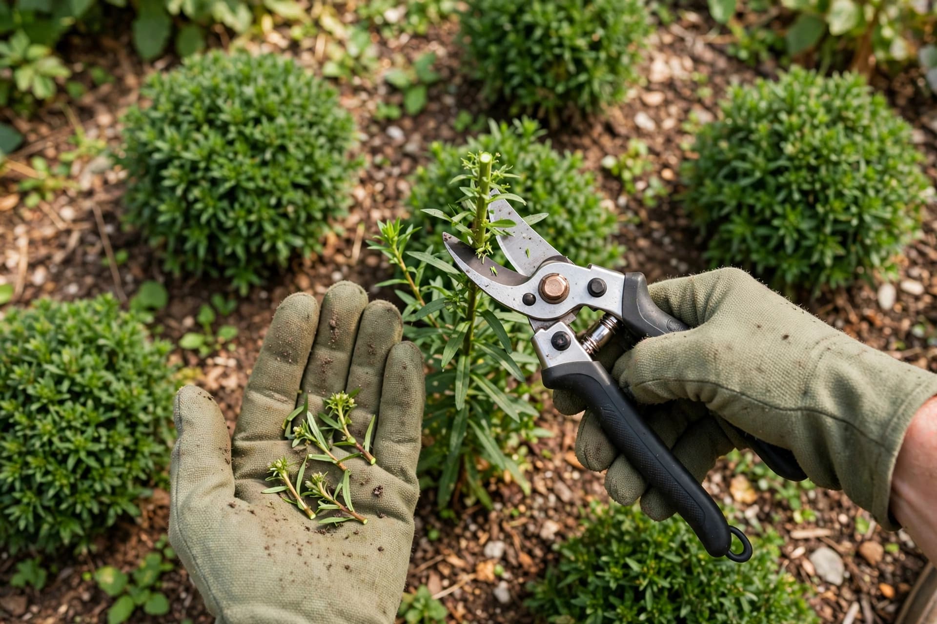 Gloved hands pinching back aster stems with pruners in early summer for compact growth