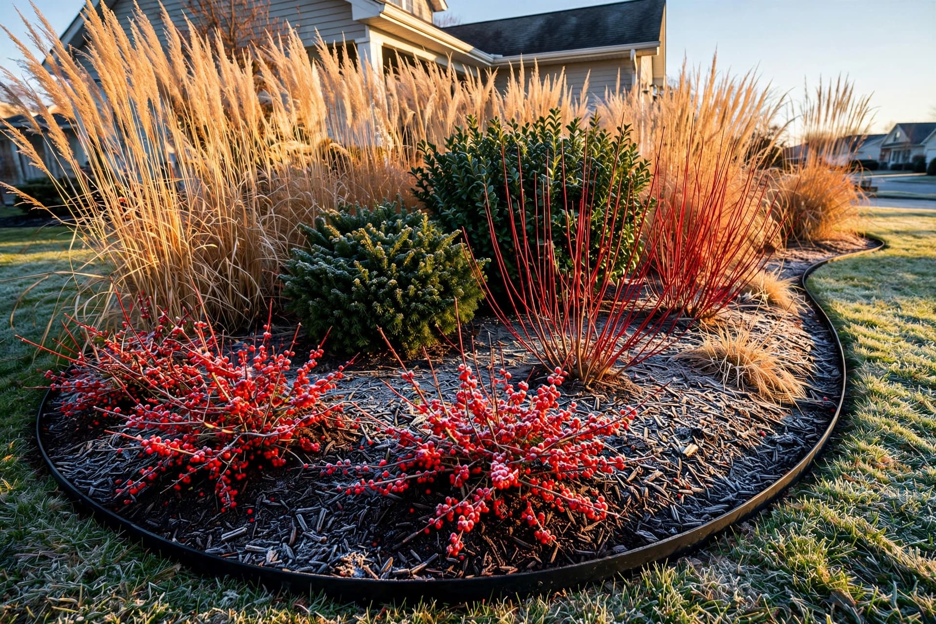  Layered bed of evergreens, bark plants, grasses, and berries showing the best plants for winter interest