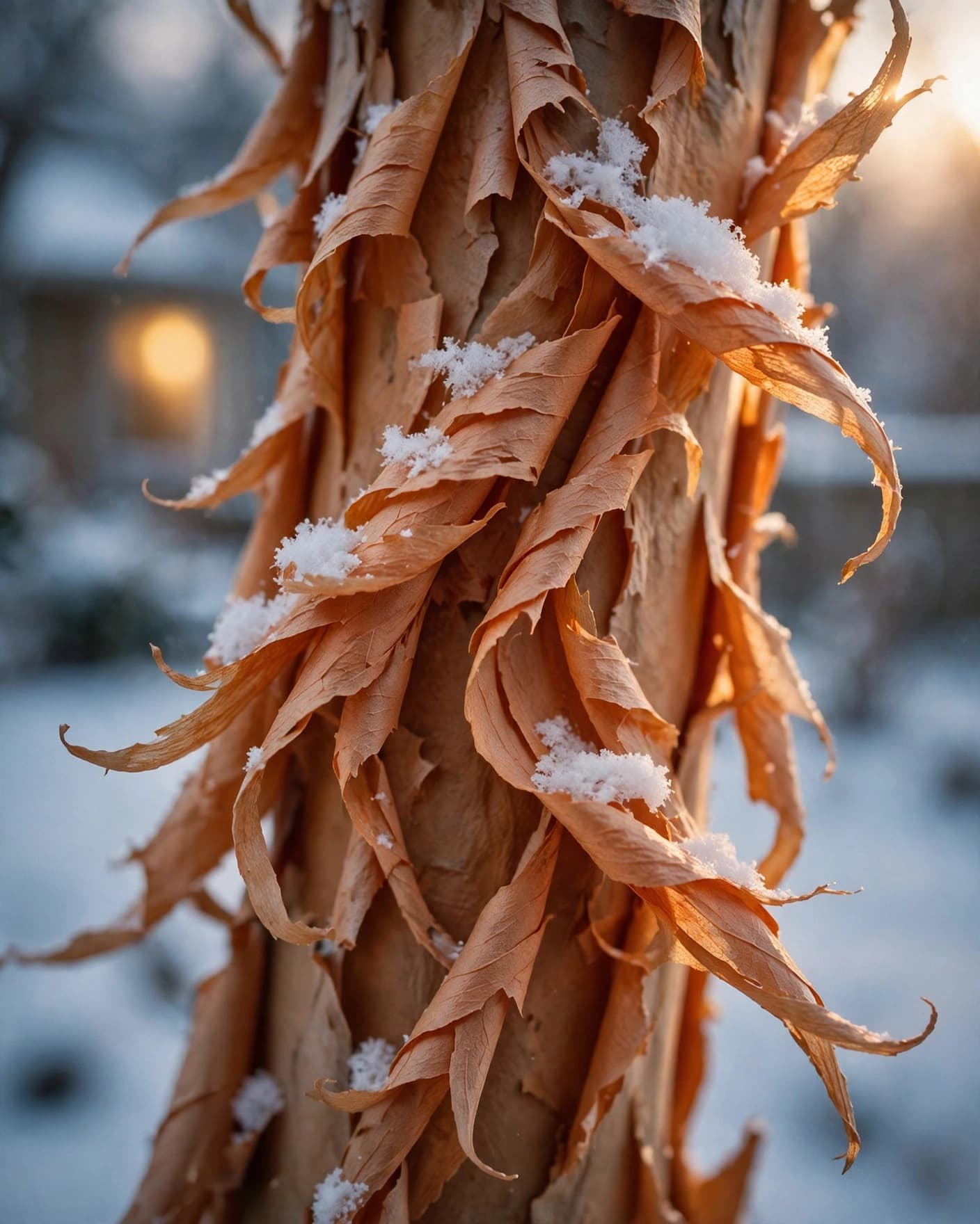 Peeling cinnamon bark on a paperbark maple trunk dusted with snow, a tree with interesting bark in winter
