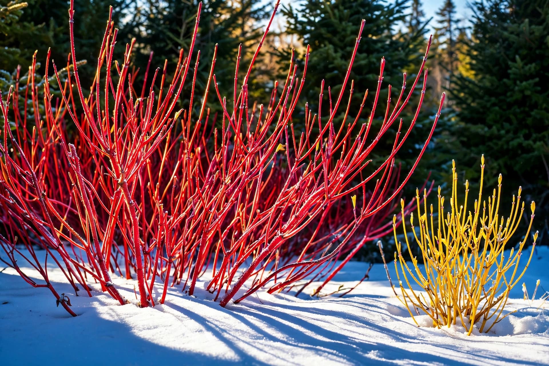 Bright red dogwood stems against fresh snow, showing red twig dogwood winter color in a backyard bed