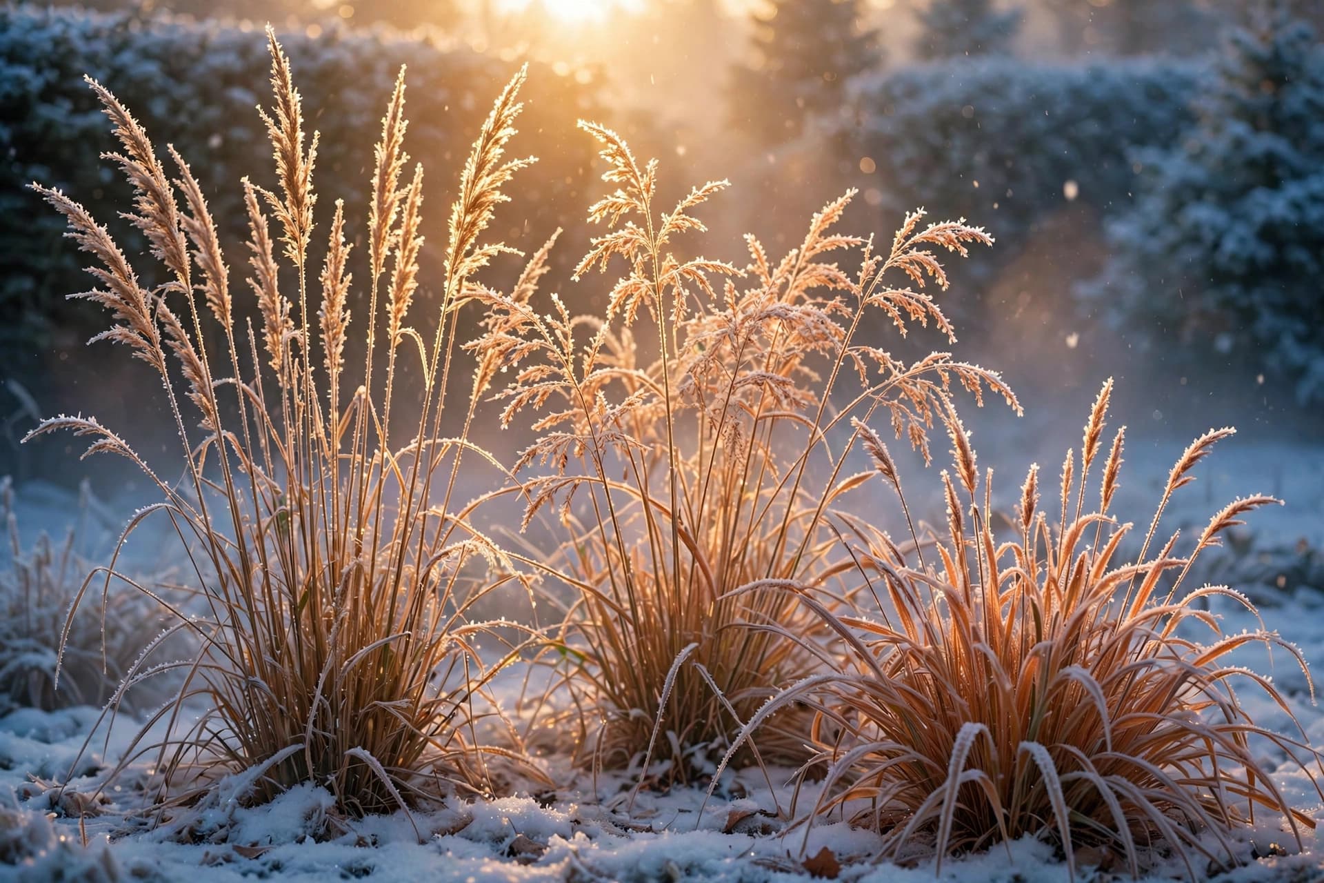 Frosted feather reed grass plumes at sunrise, ornamental grasses to leave standing in winter