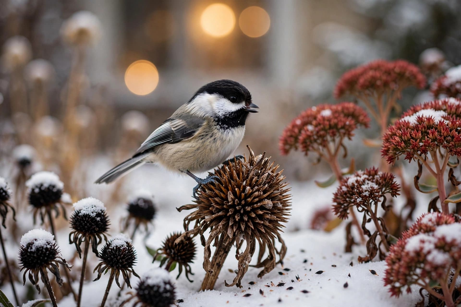 Chickadee perched on dried coneflower seedheads, a reason to skip cutting back perennials in fall