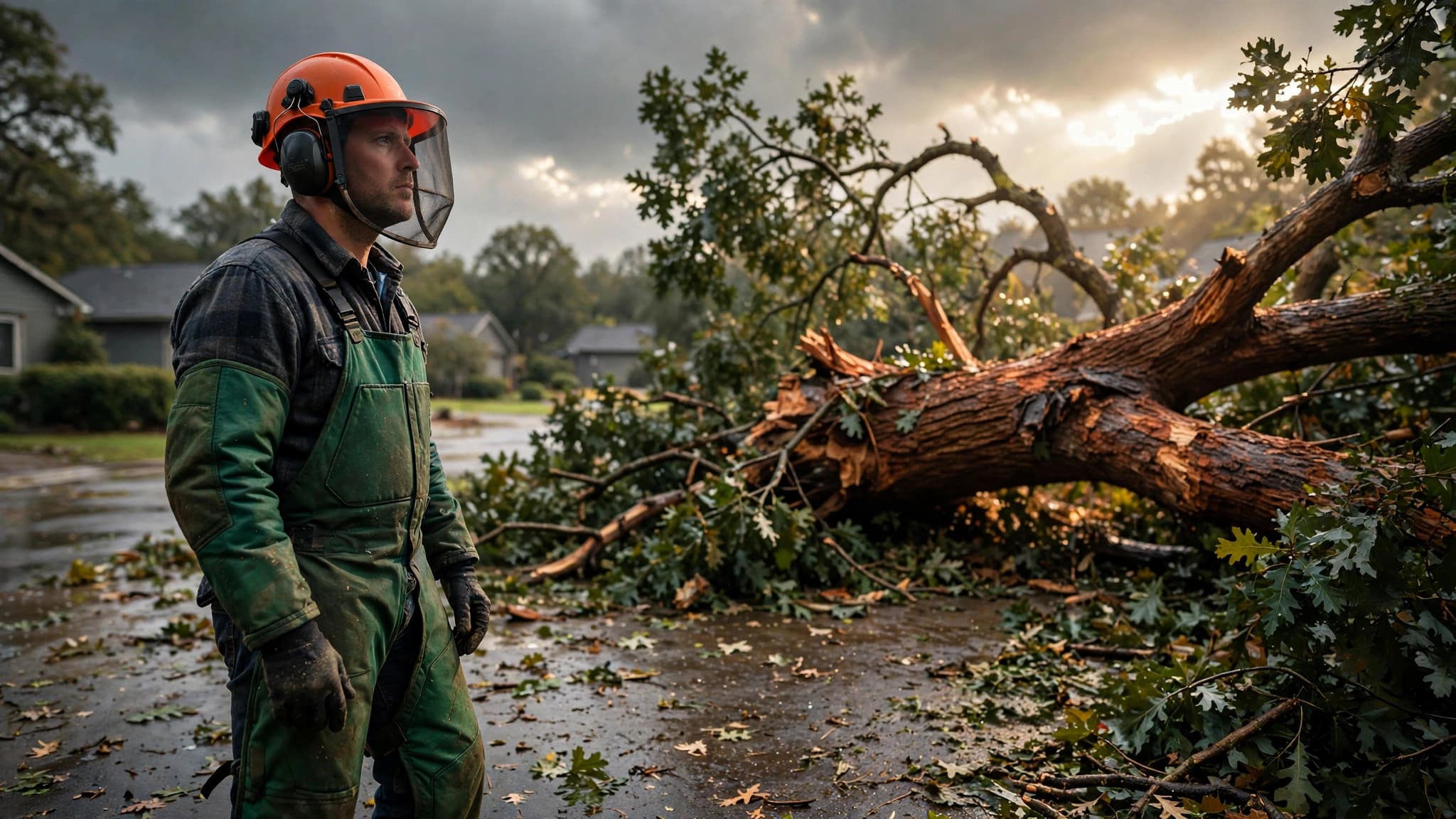 Homeowner in a helmet and chaps assessing a fallen oak across a driveway before starting storm cleanup
