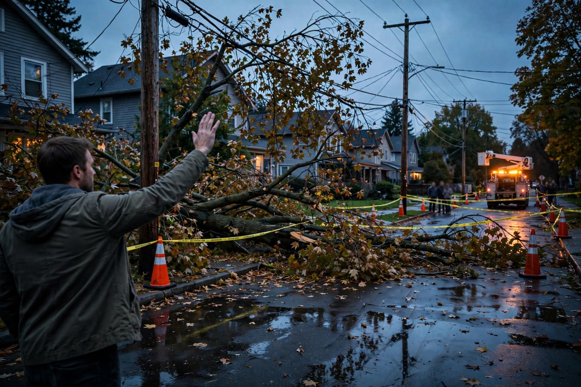 Fallen tree resting on a sagging utility line with a 35-foot caution perimeter marked on a suburban street